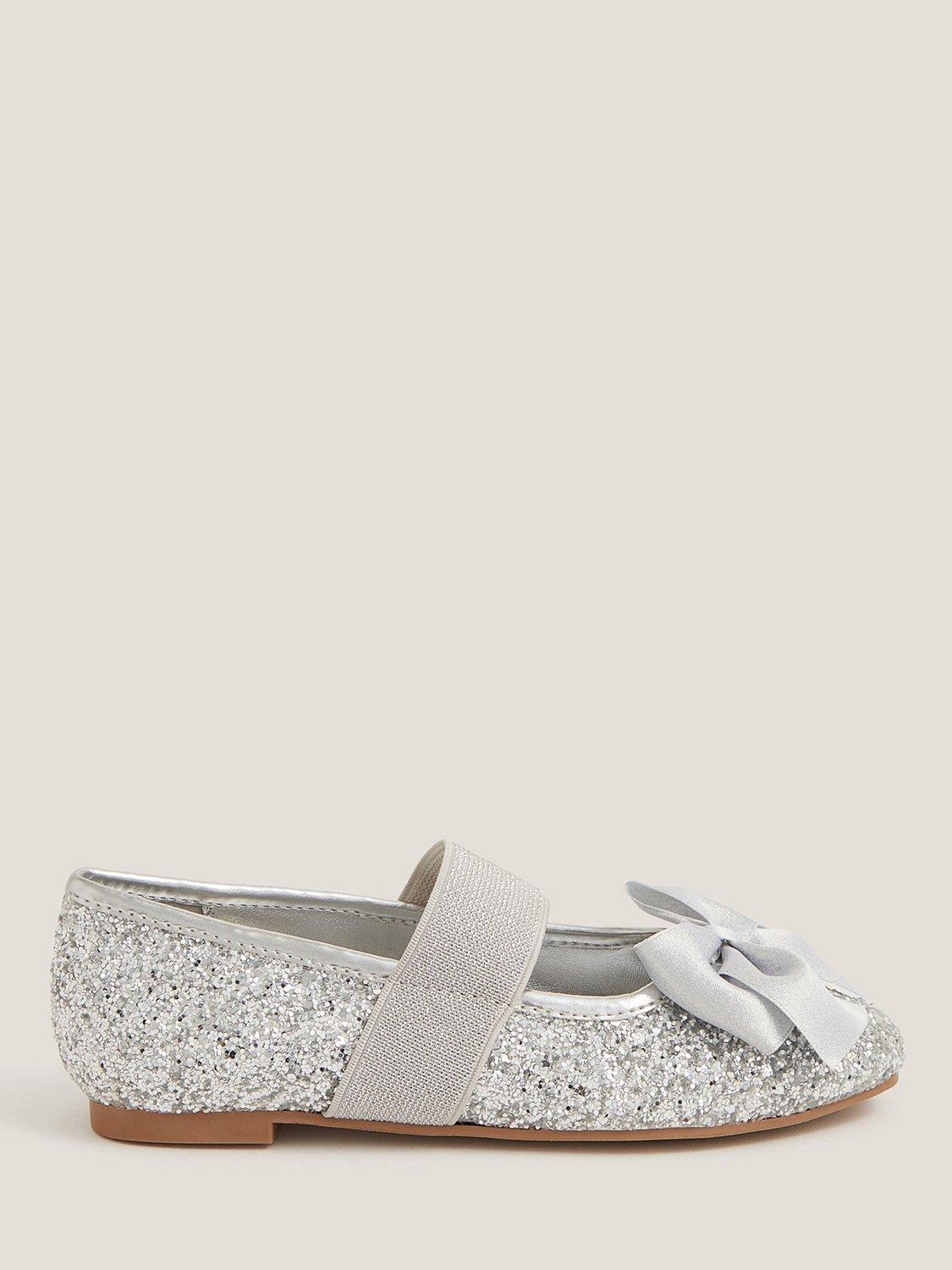 Product image 1 of 2, which shows Monsoon Kids' Glitter Bow Ballet Flats, Silver, 7 Jnr