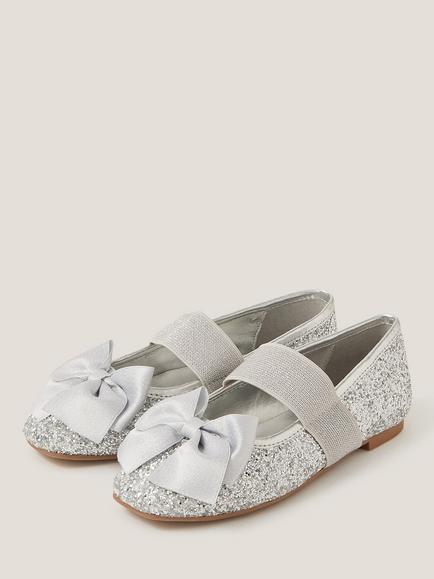 Monsoon Kids' Glitter Bow Ballet Flats, Silver - view 2, Silver