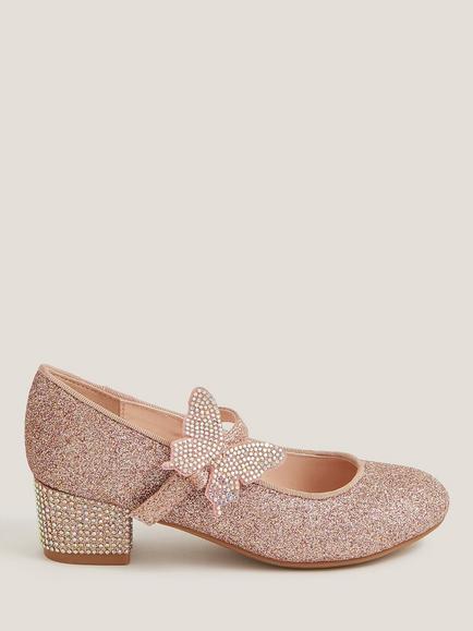 Monsoon Kids' Glitter Butterfly Heeled Shoes, Pink, Pink