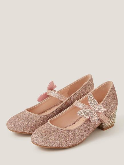 Monsoon Kids' Glitter Butterfly Heeled Shoes, Pink - view 2, Pink
