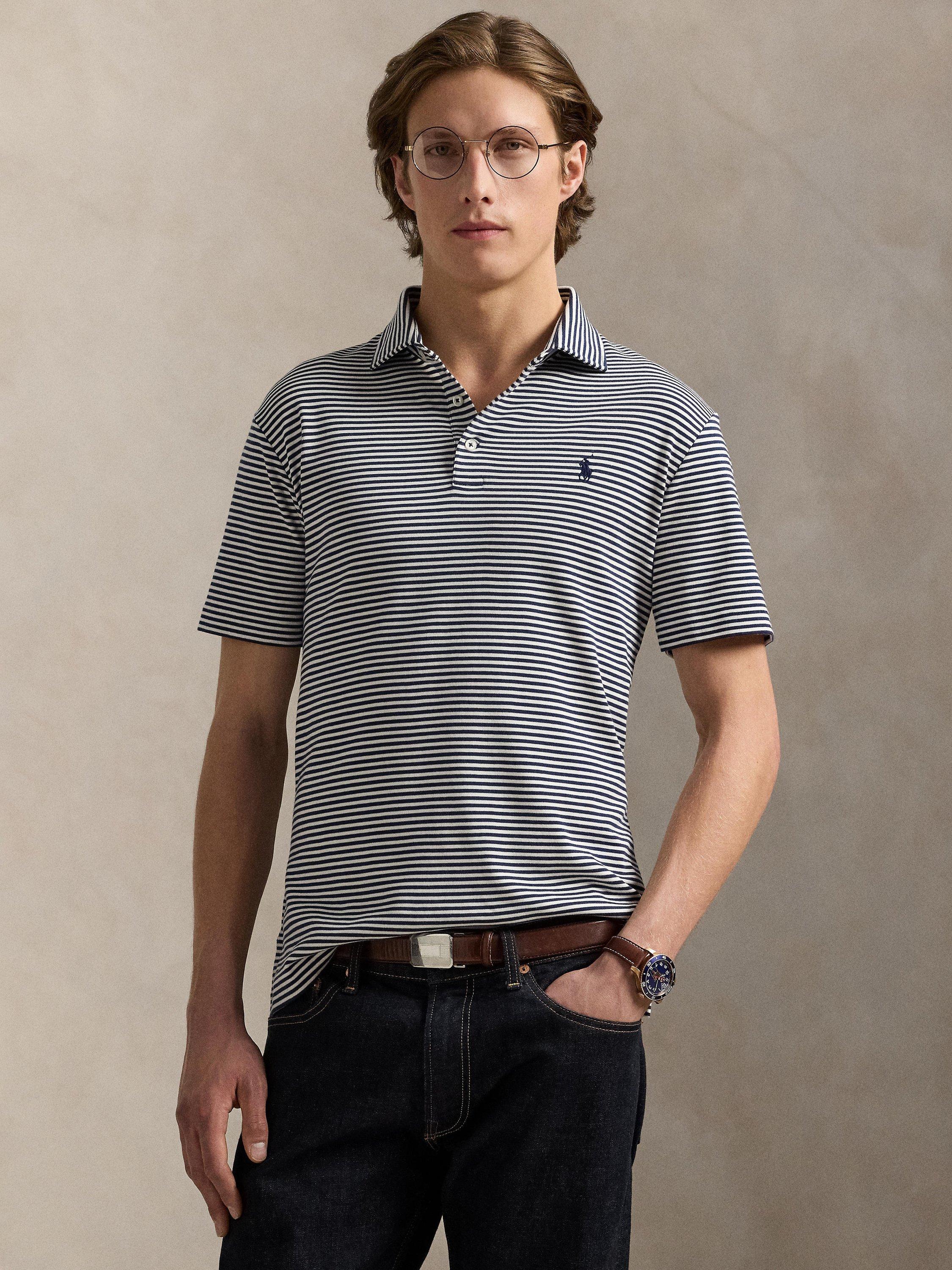 Product image 1 of 5, which shows Polo Ralph Lauren Cotton Regular Fit Short Sleeve Striped Polo Shirt, Collection Navy, S
