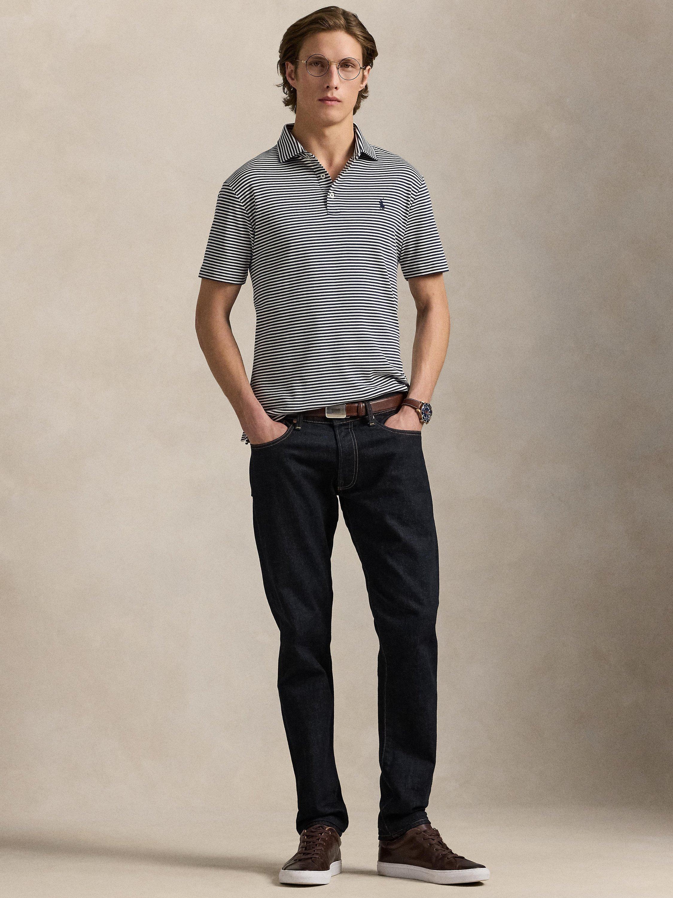 Product image 4 of 5, which shows Polo Ralph Lauren Cotton Regular Fit Short Sleeve Striped Polo Shirt, Collection Navy, S