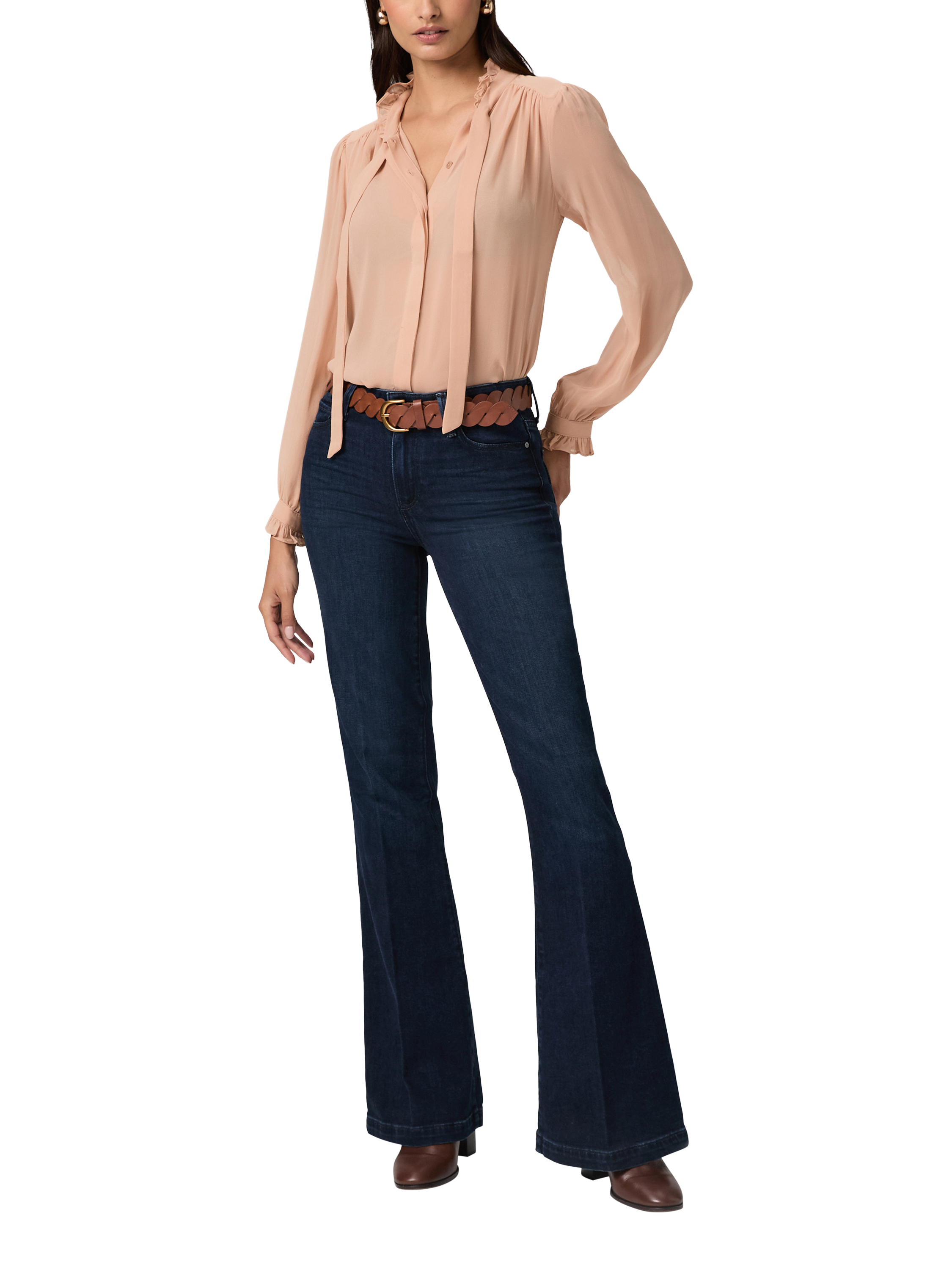 Product image 1 of 4, which shows PAIGE Genevieve Flared Jeans, Dark Blue, 24