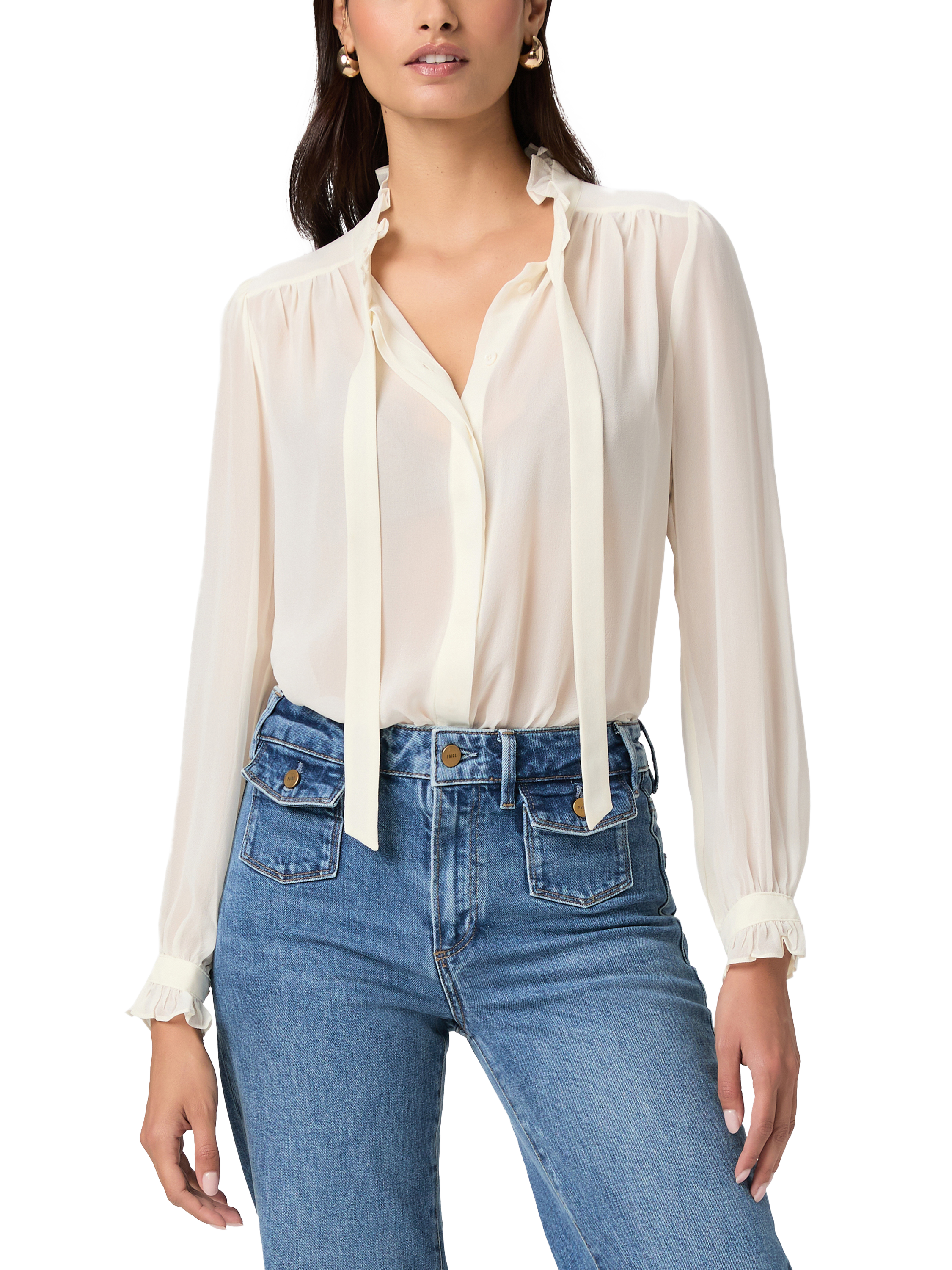Product image 1 of 4, which shows PAIGE Leya Tie Collar Silk Blouse, Antique White, M