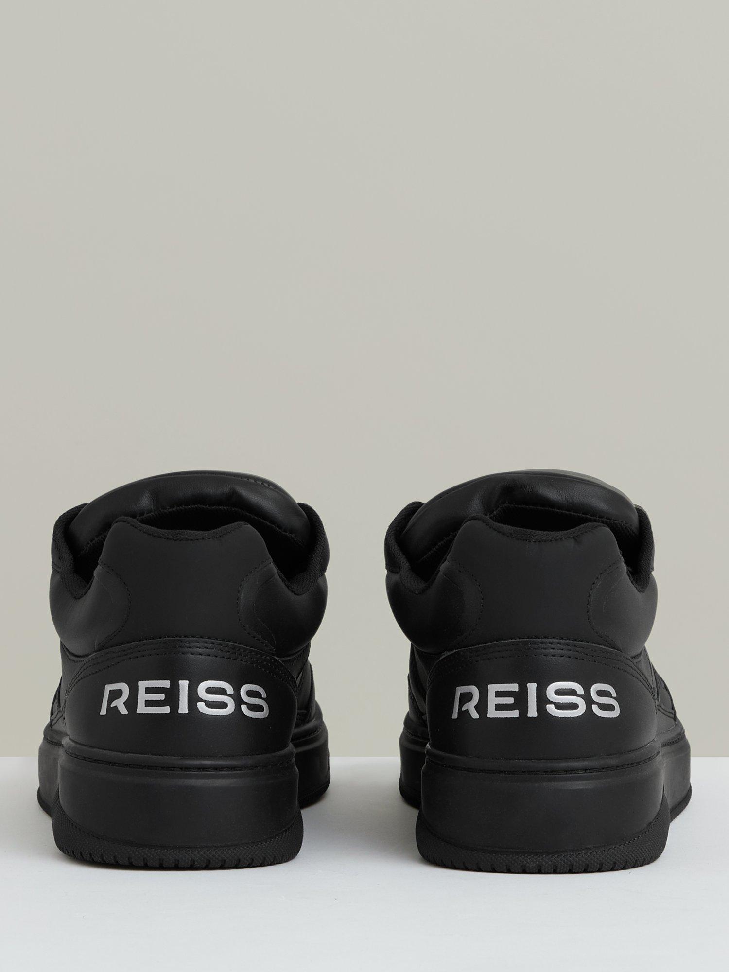 Product image 2 of 5, which shows Reiss Alvar Panelled Leather Lace Up Trainers, All Black, 7