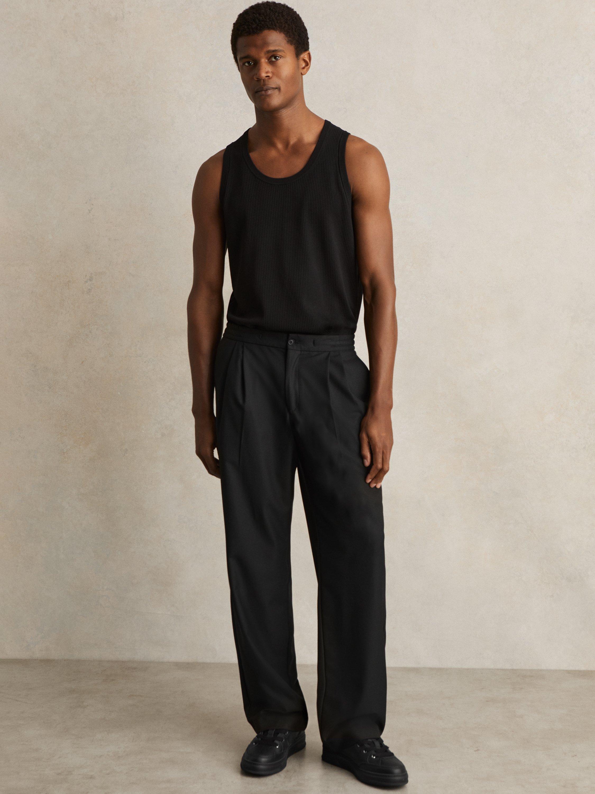 Product image 3 of 5, which shows Reiss Alvar Panelled Leather Lace Up Trainers, All Black, 7