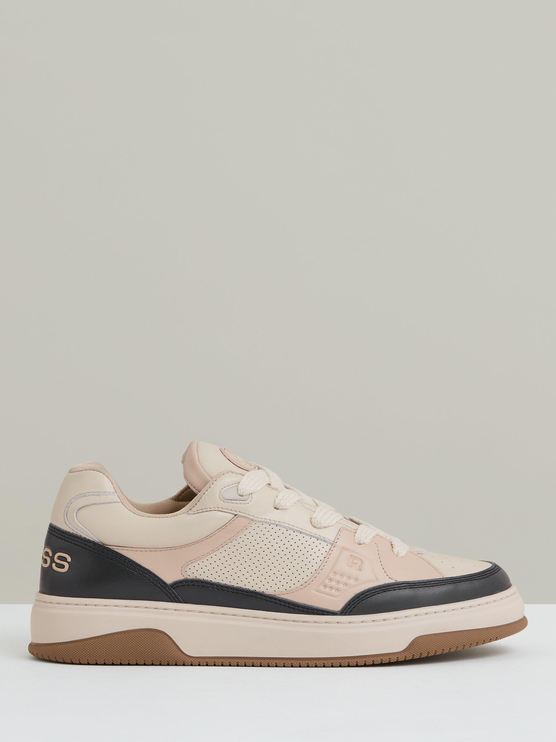Product image 1 of 5, which shows Reiss Alvar Panelled Leather Lace Up Trainers, Ecru/Charcoal, 7
