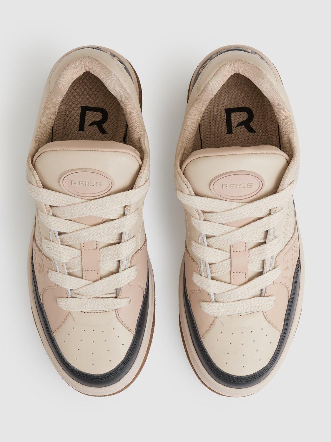 Product image 4 of 5, which shows Reiss Alvar Panelled Leather Lace Up Trainers, Ecru/Charcoal, 7