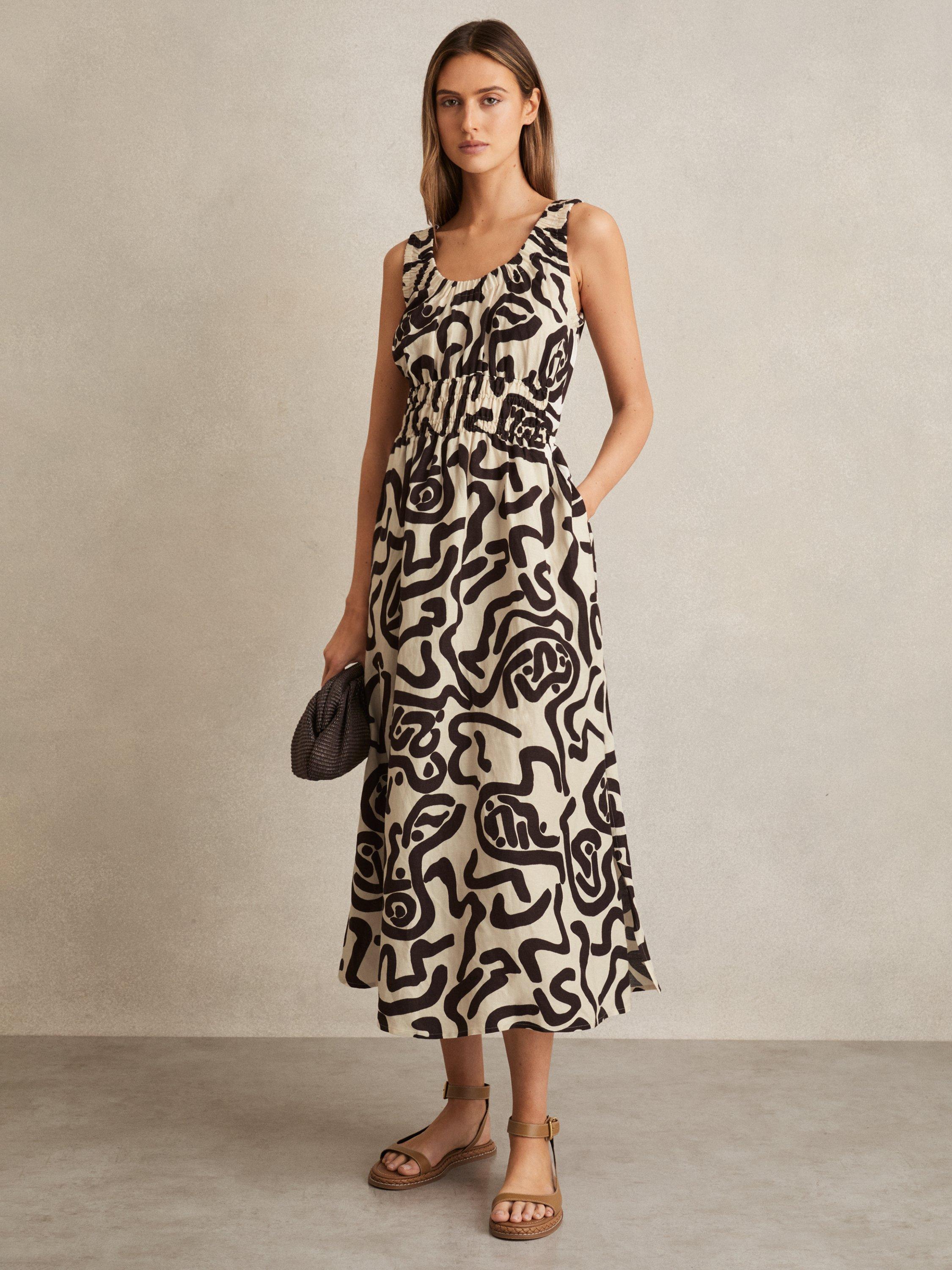 Product image 1 of 5, which shows Reiss Akari Abstract Ruched Linen Blend Midi Dress, Brown/Ivory, 10