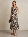 Reiss Akari Abstract Ruched Linen Blend Midi Dress, Brown/Ivory