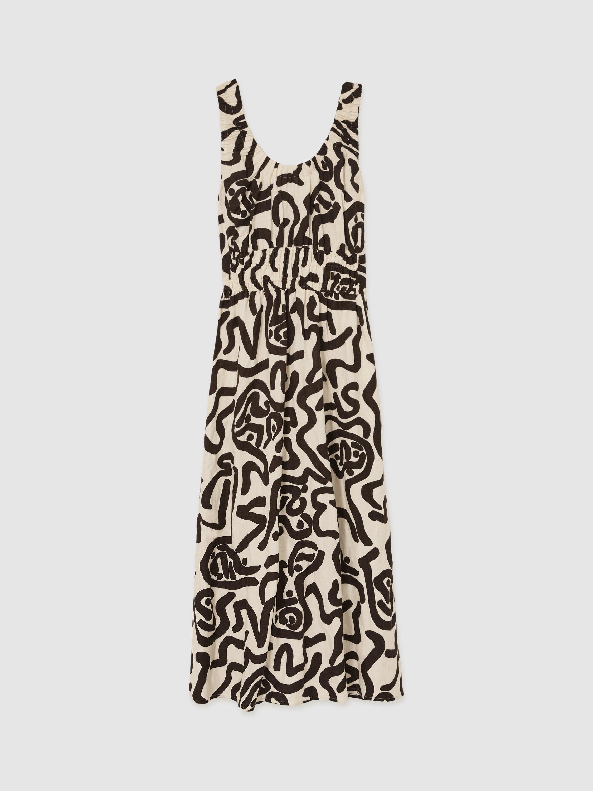 Product image 3 of 5, which shows Reiss Akari Abstract Ruched Linen Blend Midi Dress, Brown/Ivory, 10