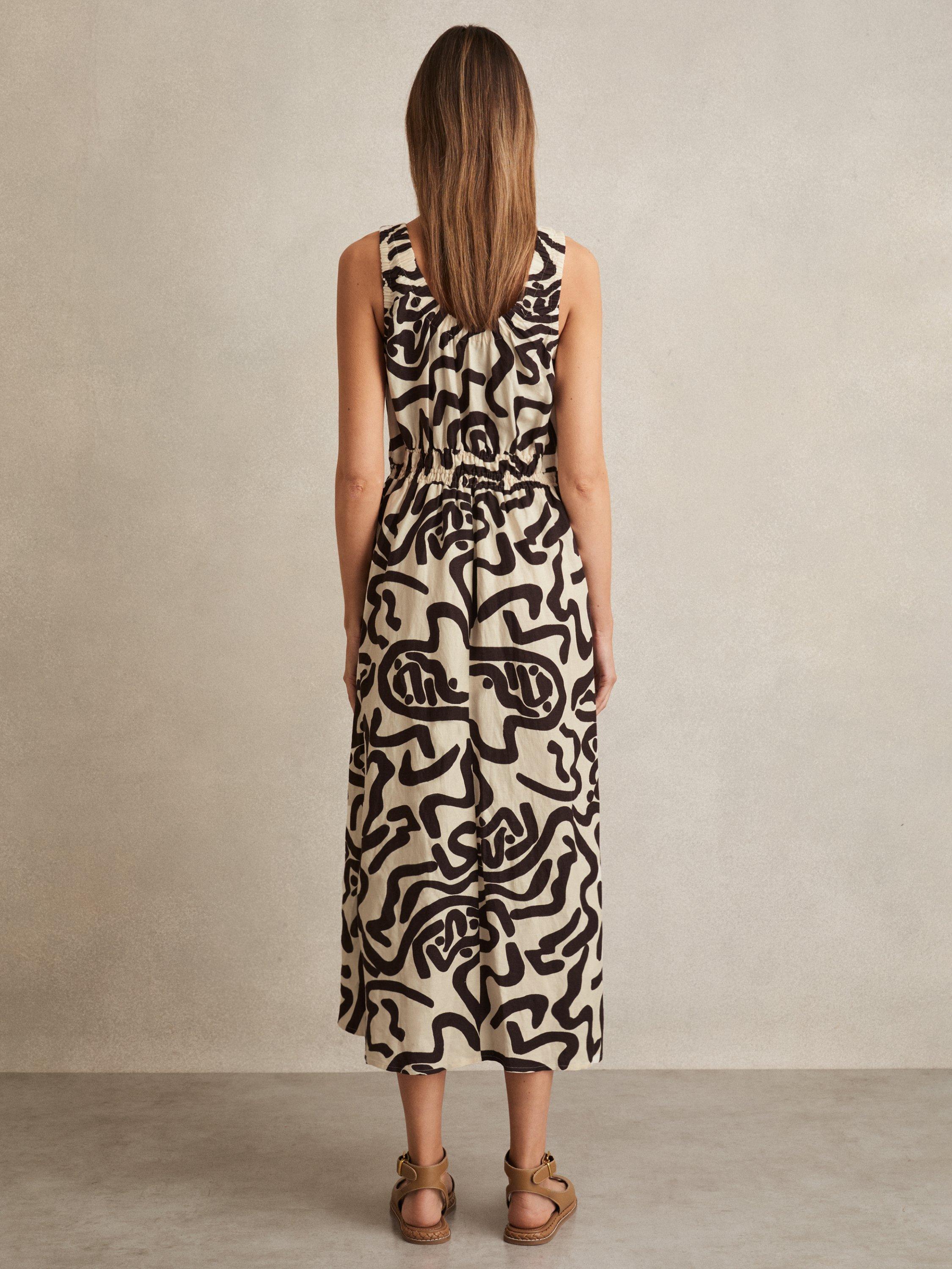 Product image 5 of 5, which shows Reiss Akari Abstract Ruched Linen Blend Midi Dress, Brown/Ivory, 10