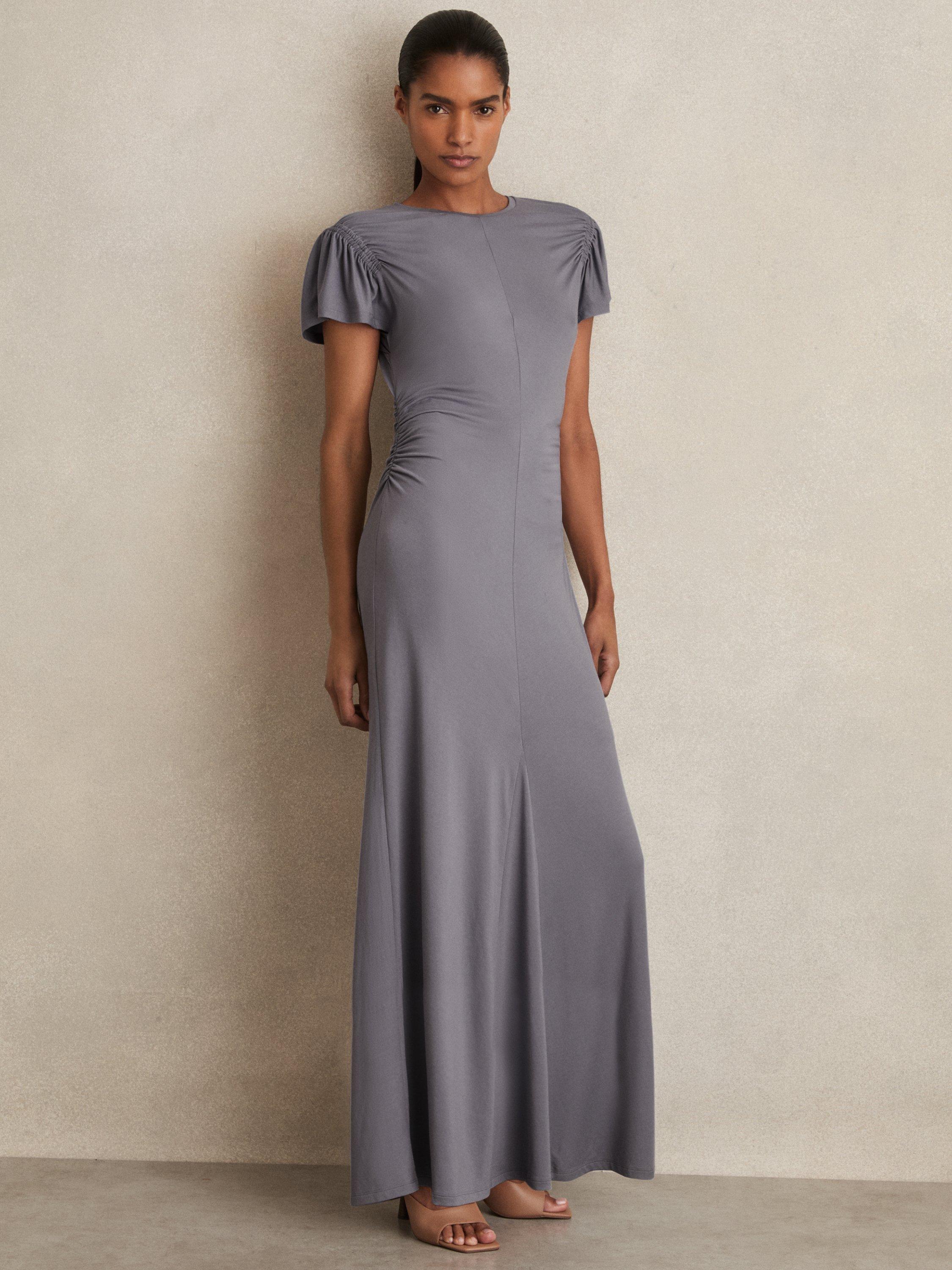Product image 1 of 5, which shows Reiss Helia Ruched Sleeve Jersey Dress, Grey, 6