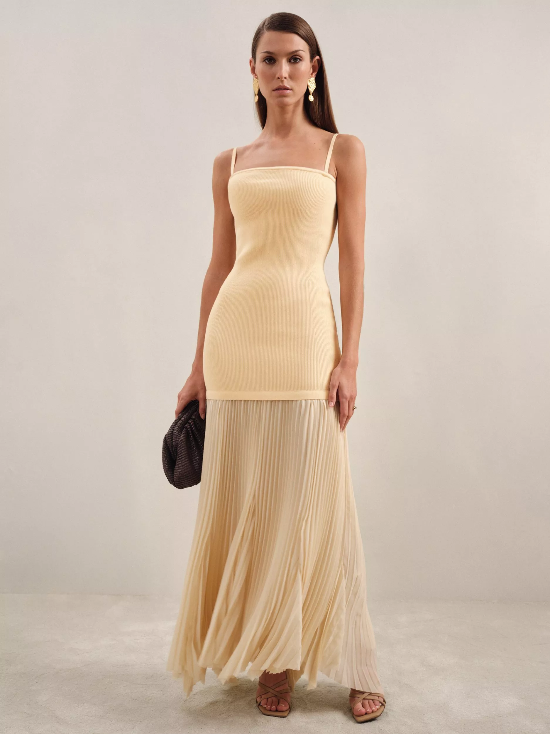 【海外限定】REISSドレス☆Milana Knit Woven Pleat Dress, Yell Reiss Milana Knit Woven Pleat Dress, Yellow