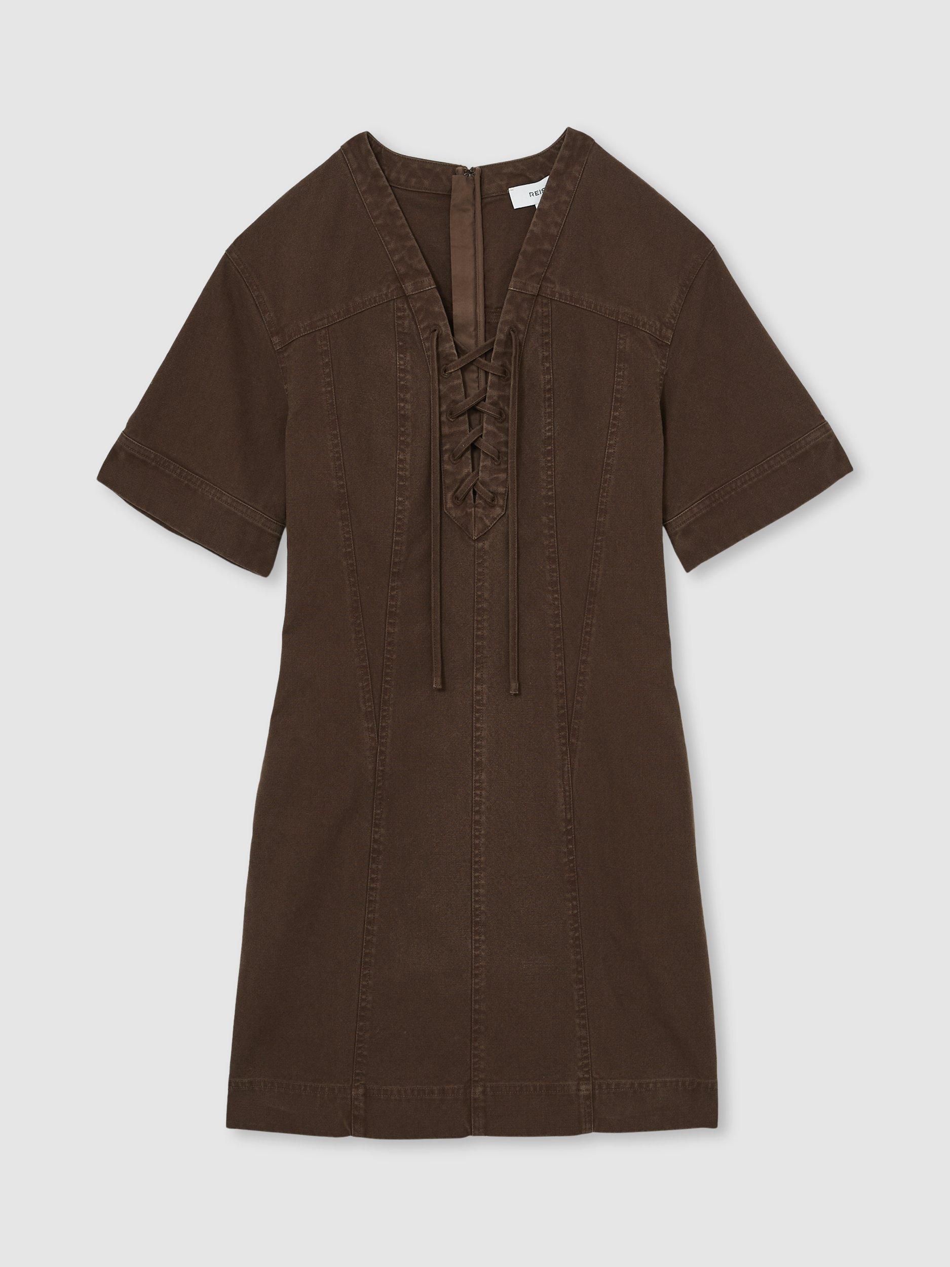 Product image 3 of 5, which shows Reiss Tia Lace Up Shift Dress, Chocolate, 6