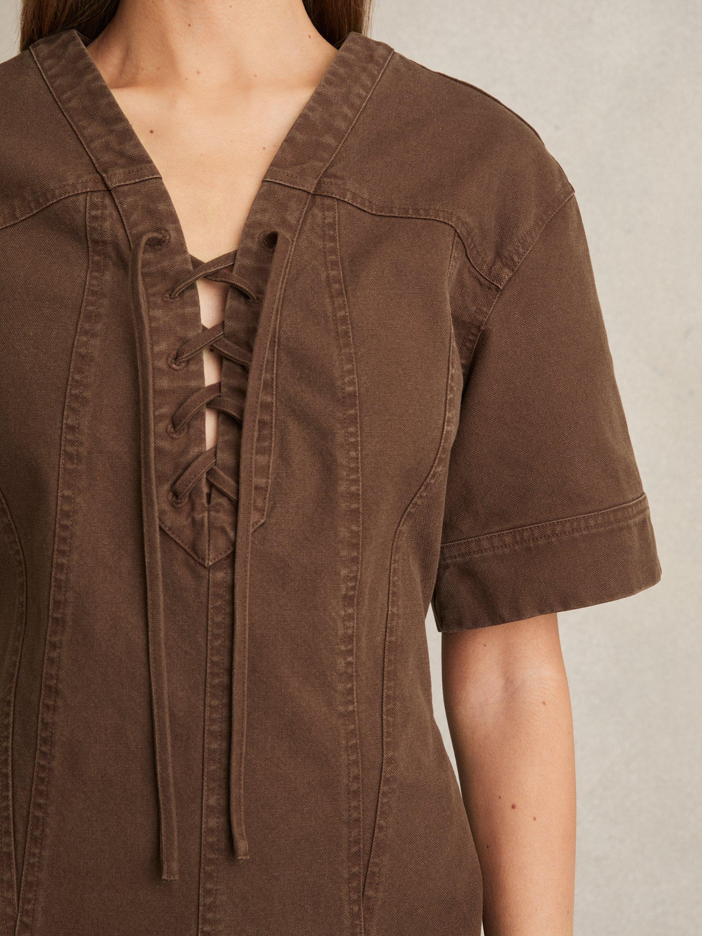 Product image 4 of 5, which shows Reiss Tia Lace Up Shift Dress, Chocolate, 6