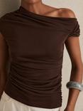 Reiss Serena Ruched Off Shoulder Top, Chocolate Brown