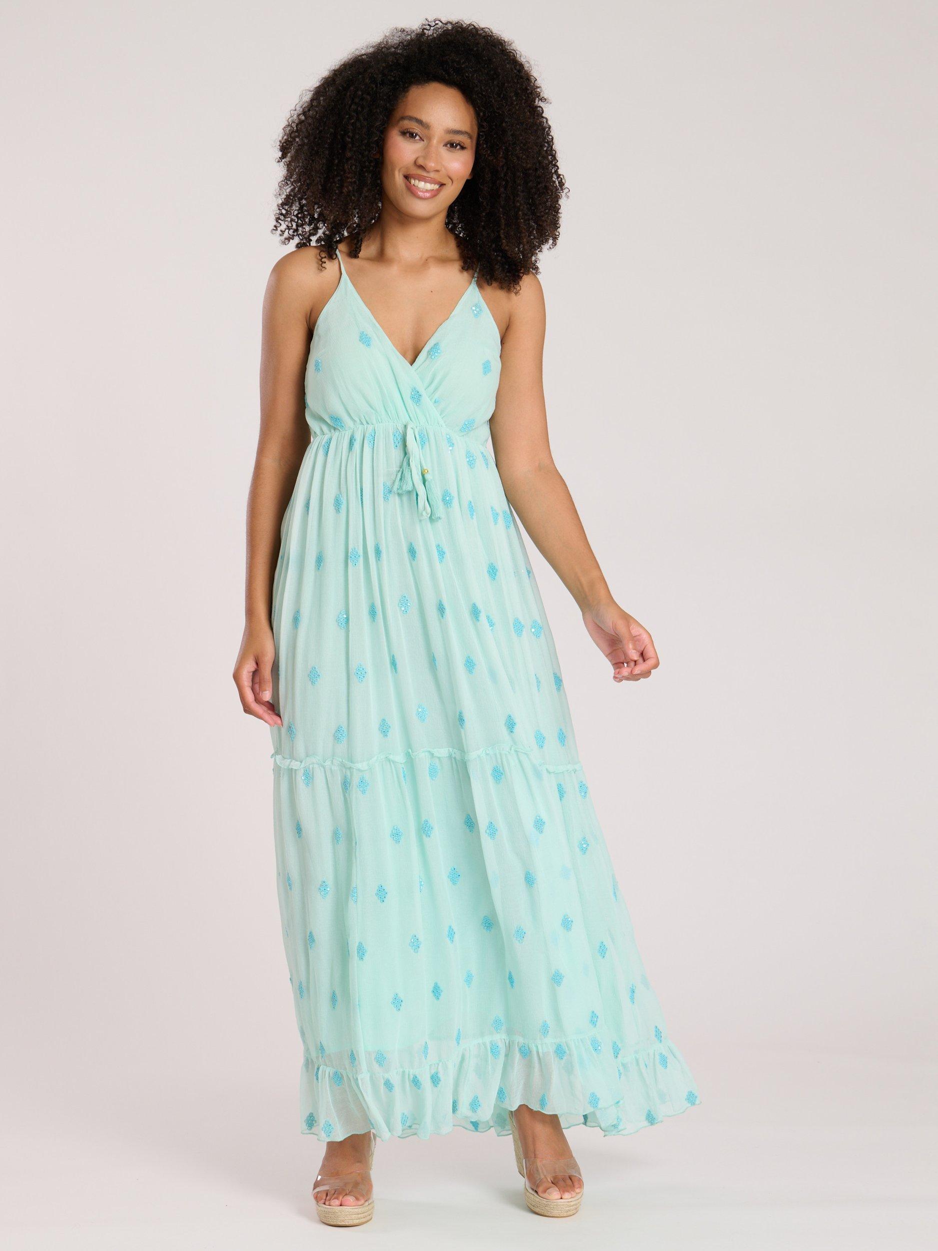 Product image 1 of 5, which shows South Beach Sequin Detail Cami V-Neck Maxi Dress, Mint, 10