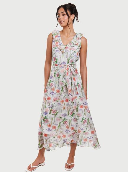South Beach Printed Chiffon Frill Wrap Midi Dress, Multi, Multi