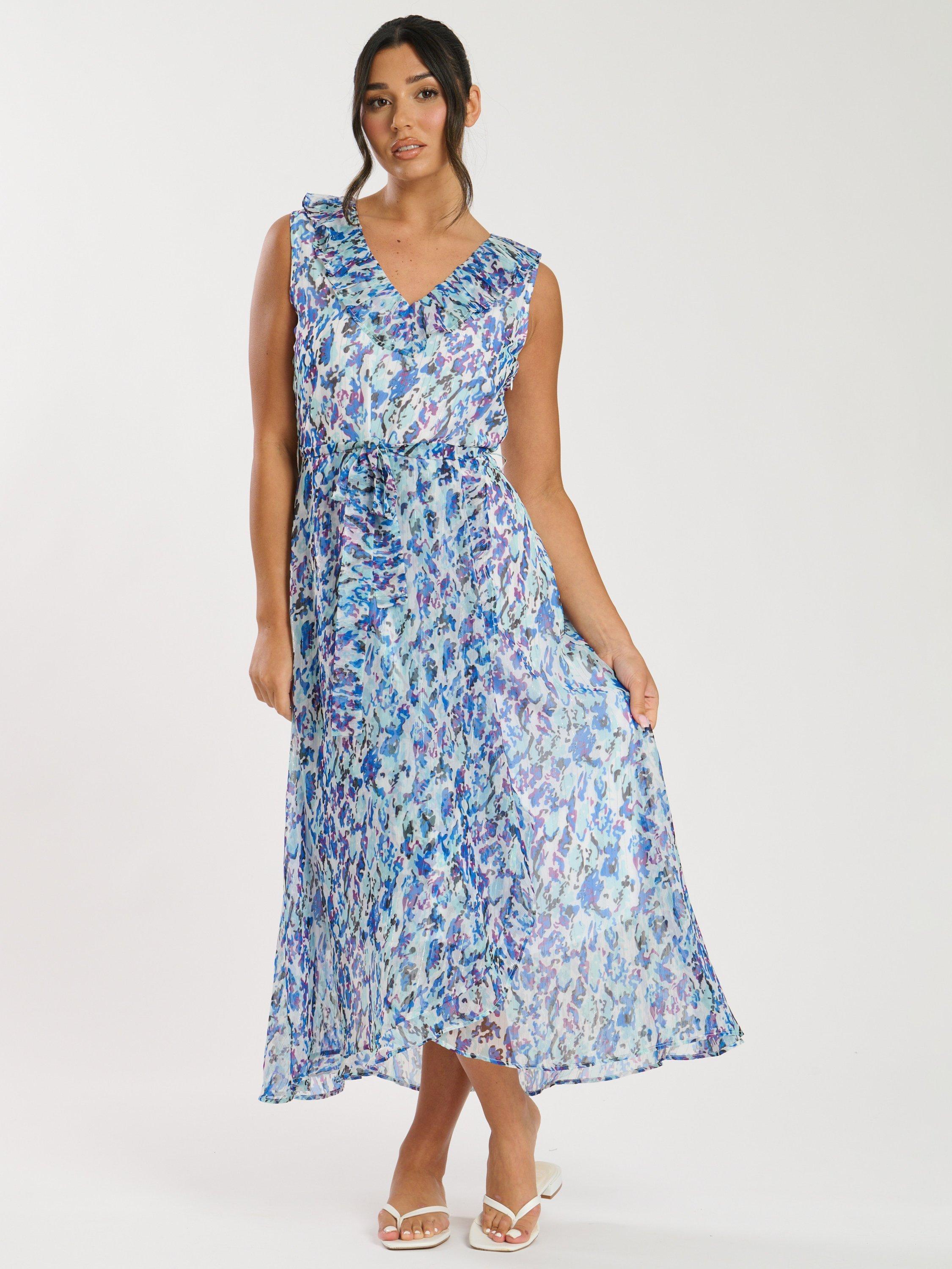Product image 1 of 6, which shows South Beach Printed Chiffon Frill Wrap Midi Dress, Blue, 10