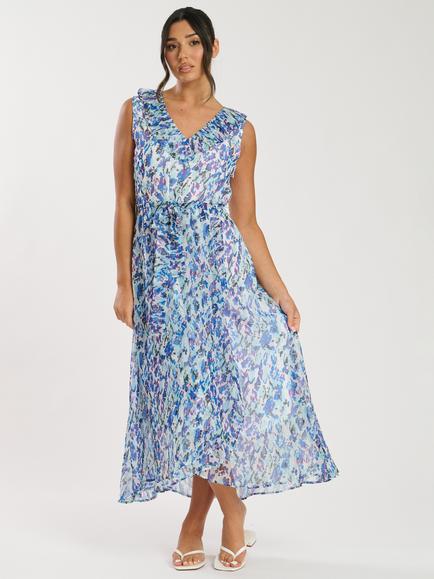 South Beach Printed Chiffon Frill Wrap Midi Dress, Blue, Blue