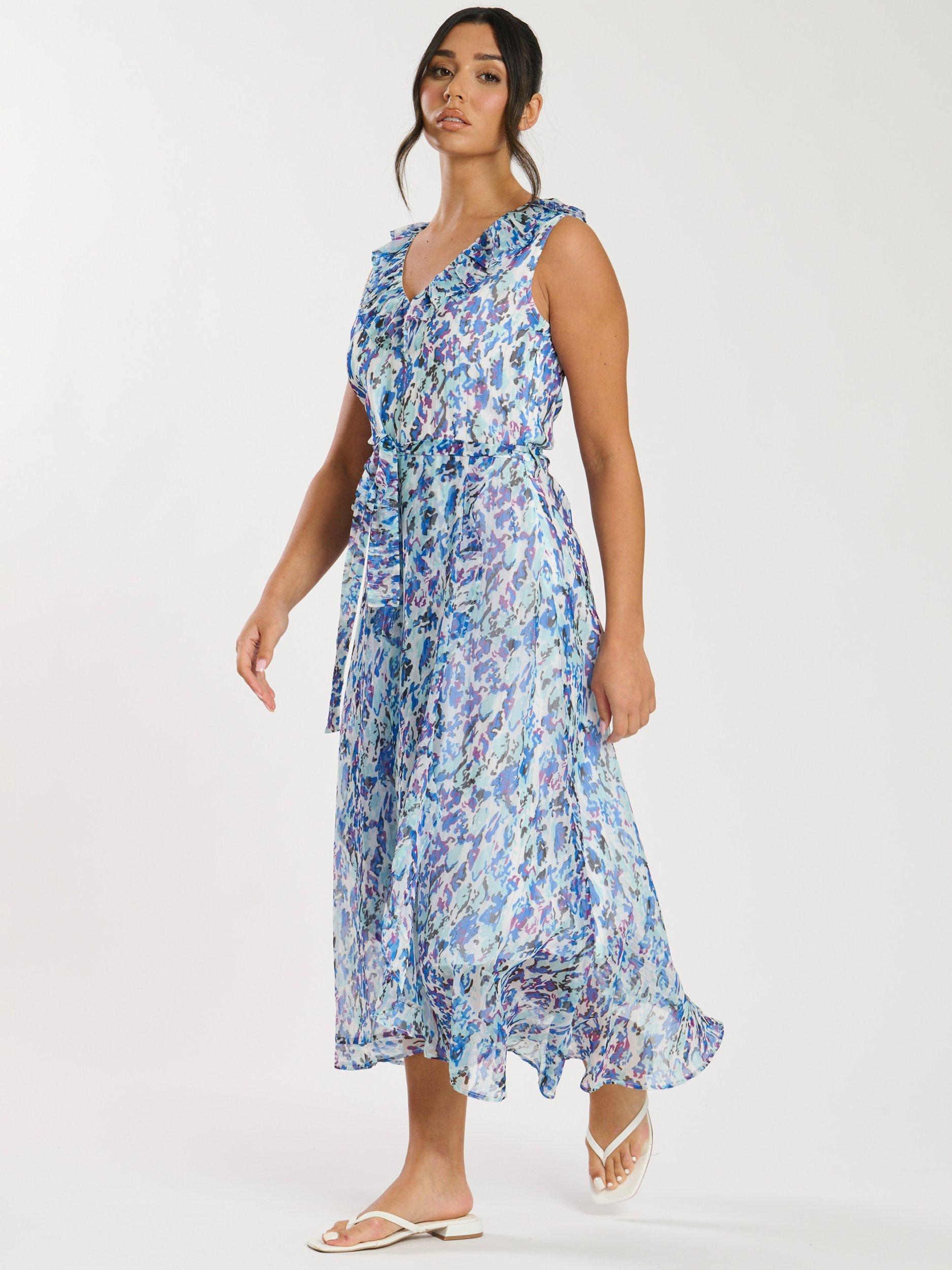 Product image 2 of 6, which shows South Beach Printed Chiffon Frill Wrap Midi Dress, Blue, 10