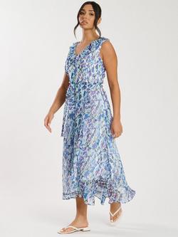 South Beach Printed Chiffon Frill Wrap Midi Dress, Blue - view 2, Blue