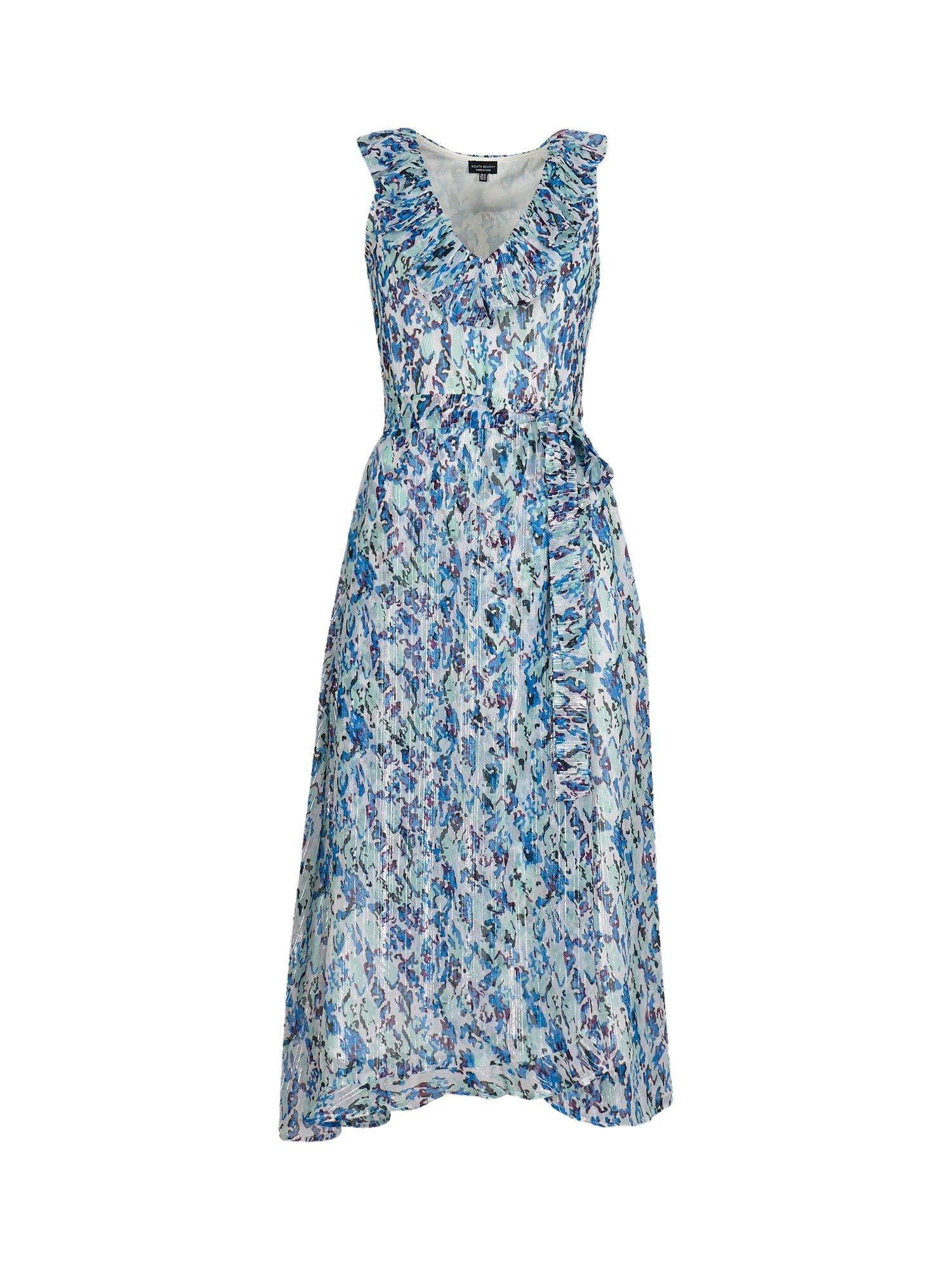 Product image 5 of 6, which shows South Beach Printed Chiffon Frill Wrap Midi Dress, Blue, 10