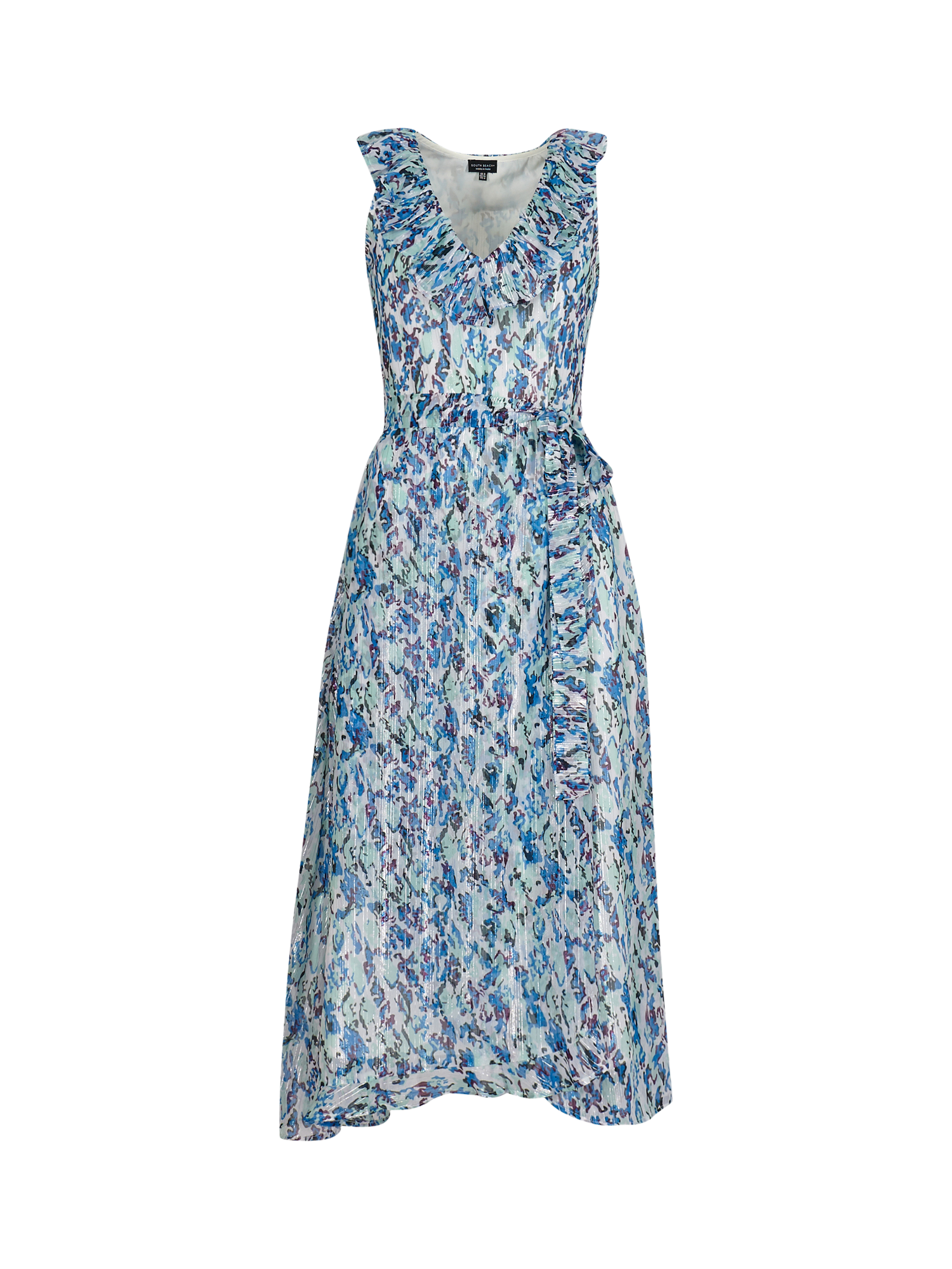 Product image 6 of 6, which shows South Beach Printed Chiffon Frill Wrap Midi Dress, Blue, 10
