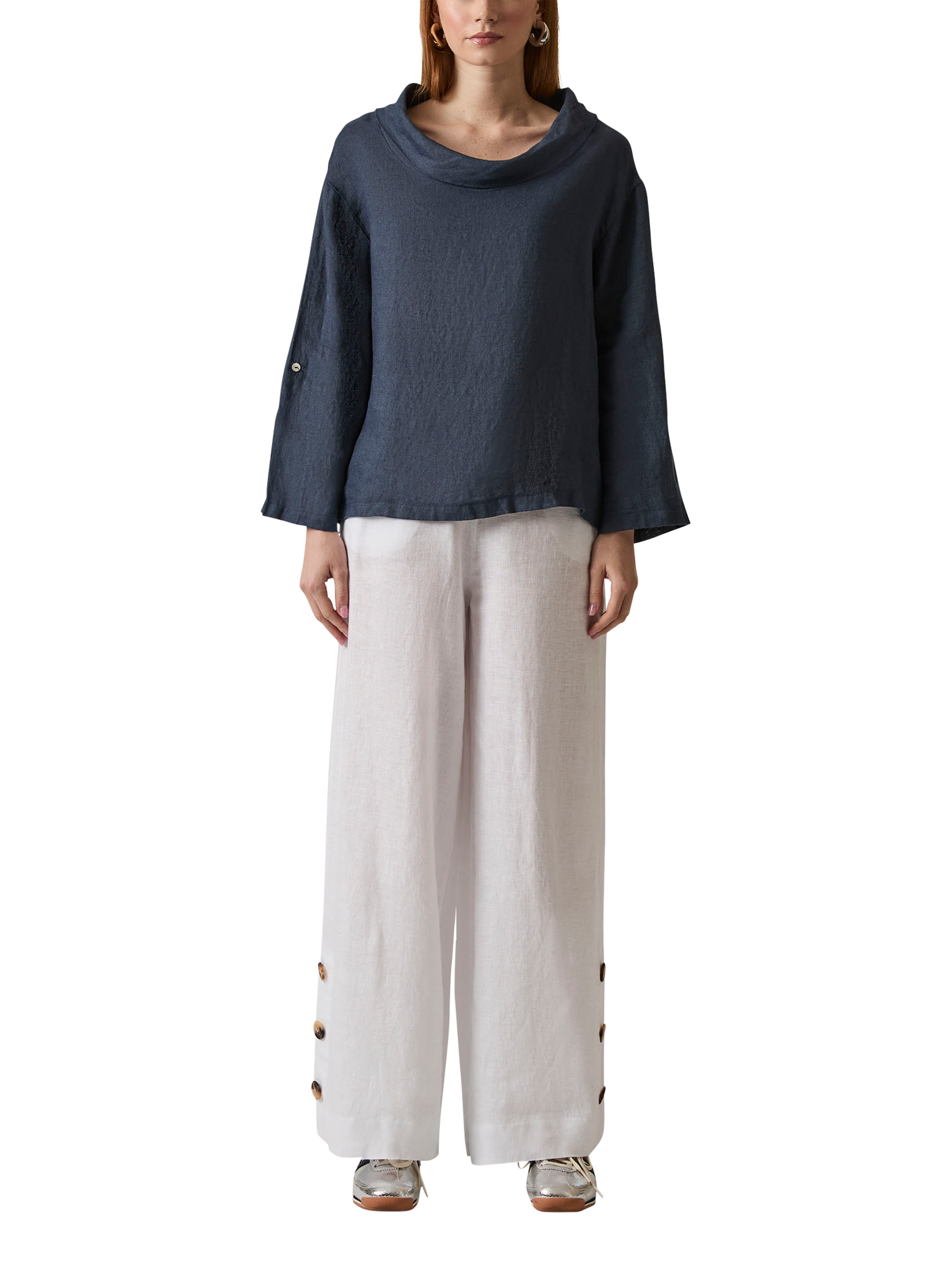 Product image 1 of 3, which shows James Lakeland Cowl Neck Pure Linen Top, Navy, 8