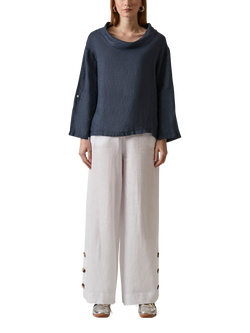 James Lakeland Cowl Neck Pure Linen Top, Navy