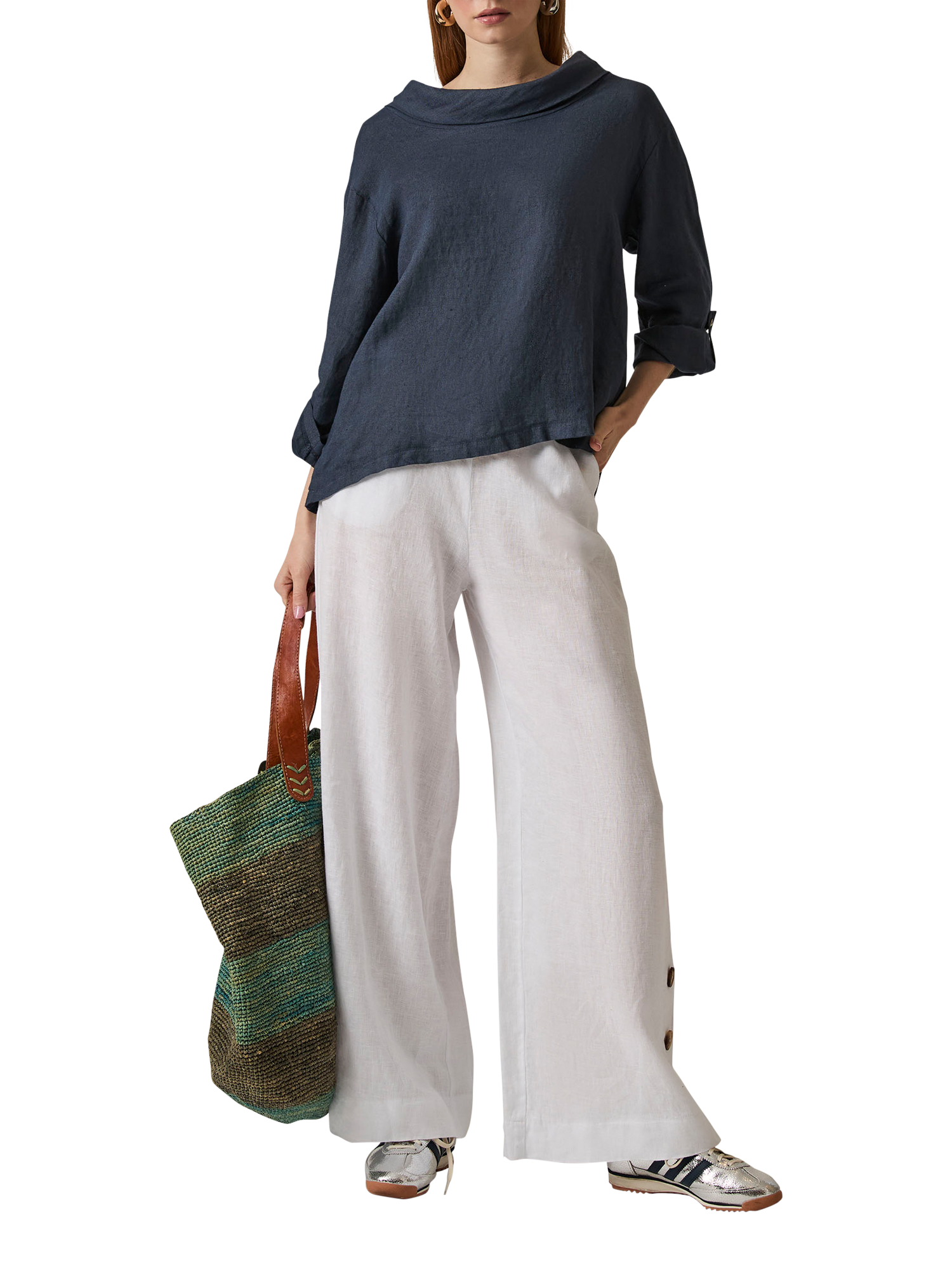 Product image 3 of 3, which shows James Lakeland Cowl Neck Pure Linen Top, Navy, 8