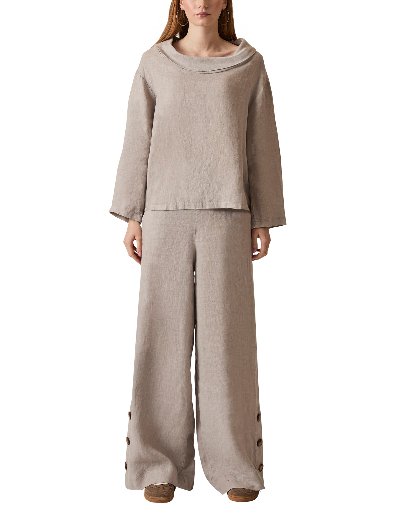 Product image 1 of 3, which shows James Lakeland Cowl Neck Pure Linen Top, Taupe, 8