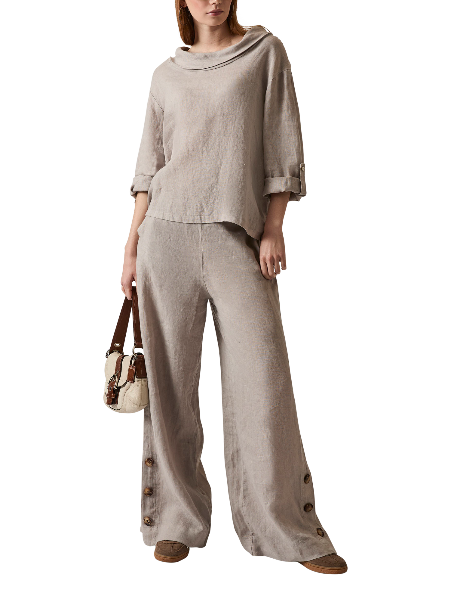 Product image 3 of 3, which shows James Lakeland Cowl Neck Pure Linen Top, Taupe, 8