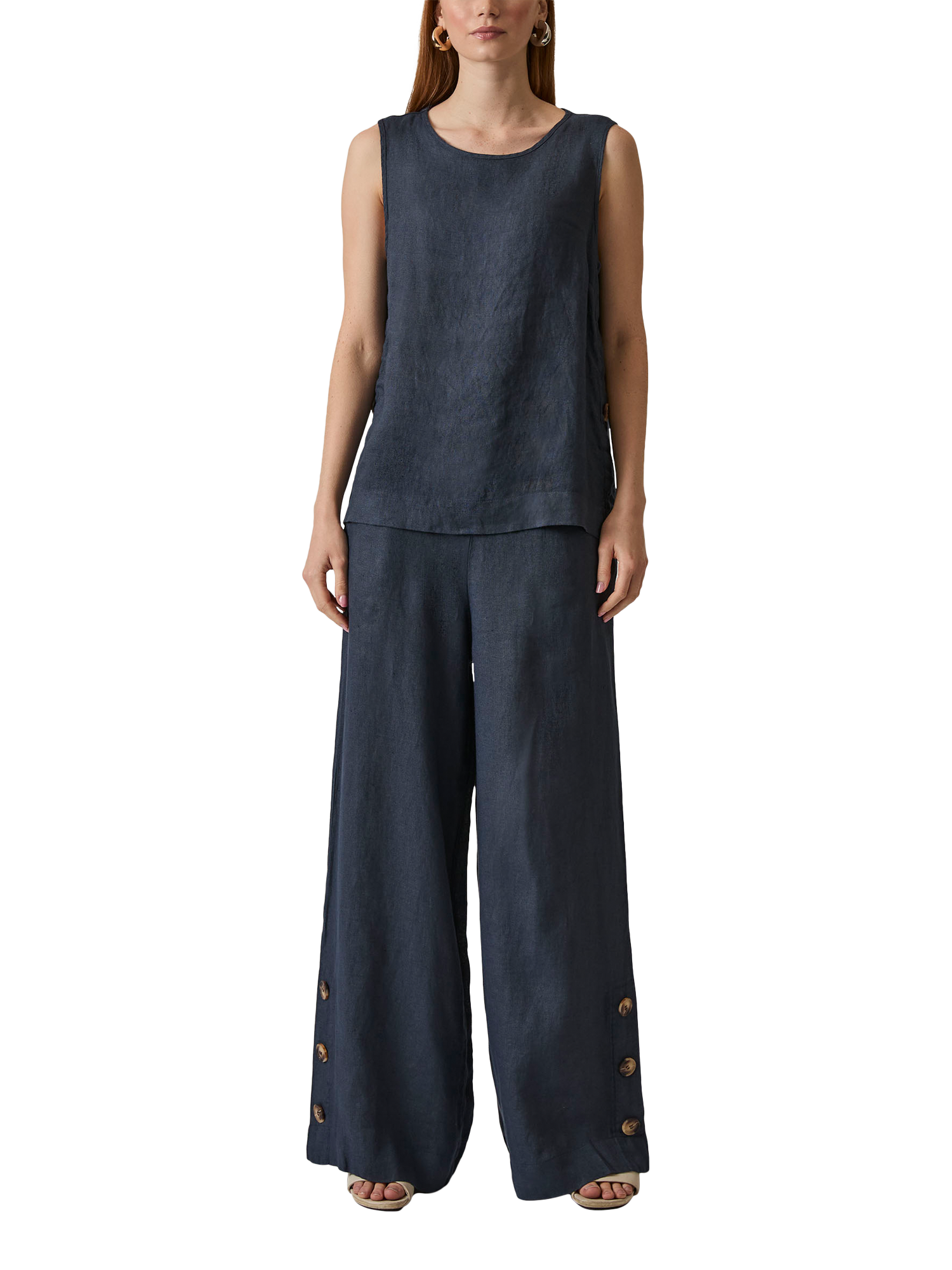 Product image 1 of 6, which shows James Lakeland Side Buttoned Sleeveless Linen Top, Navy, 8