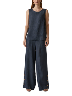 James Lakeland Side Buttoned Sleeveless Linen Top, Navy