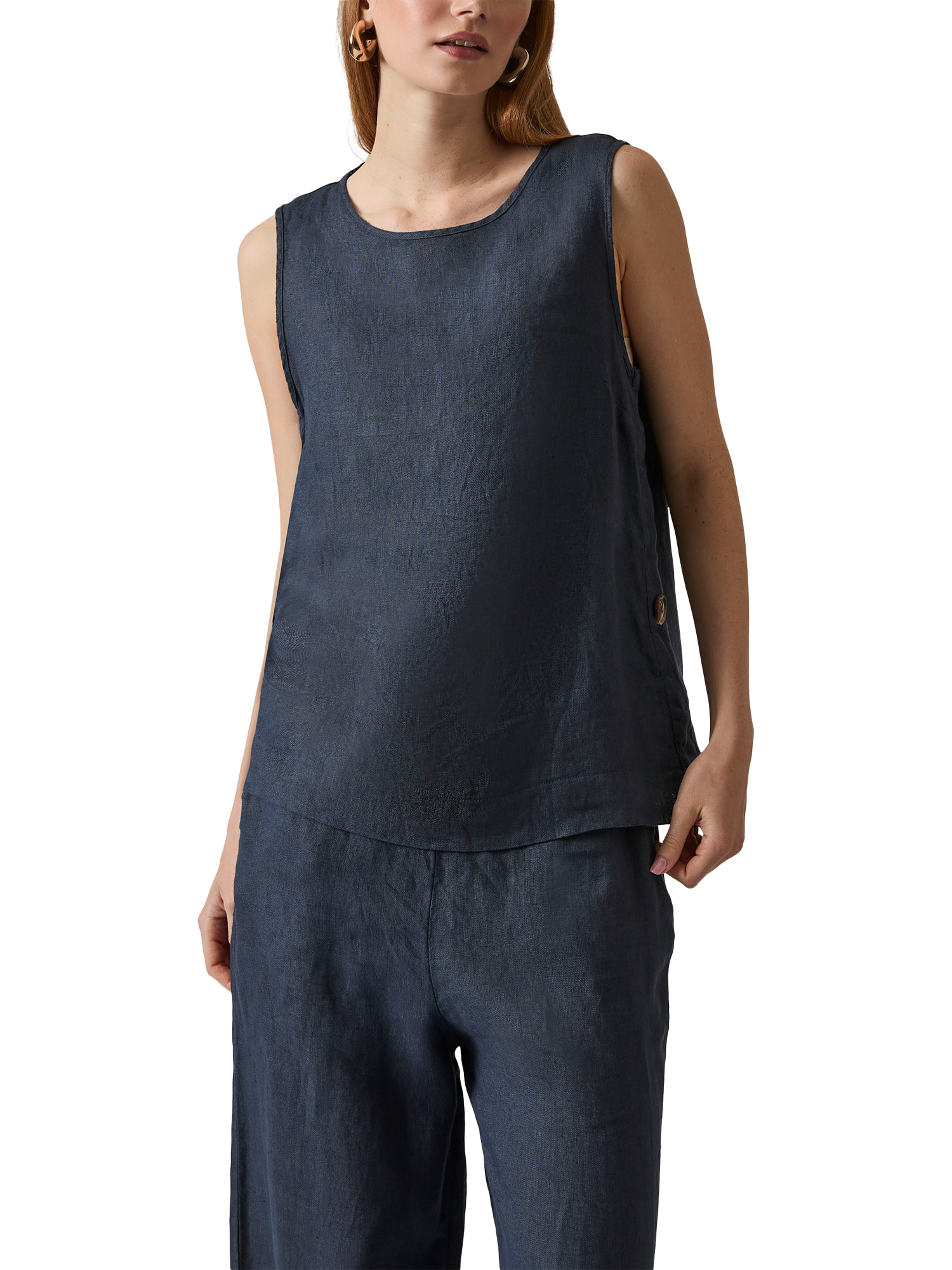 Product image 3 of 6, which shows James Lakeland Side Buttoned Sleeveless Linen Top, Navy, 8