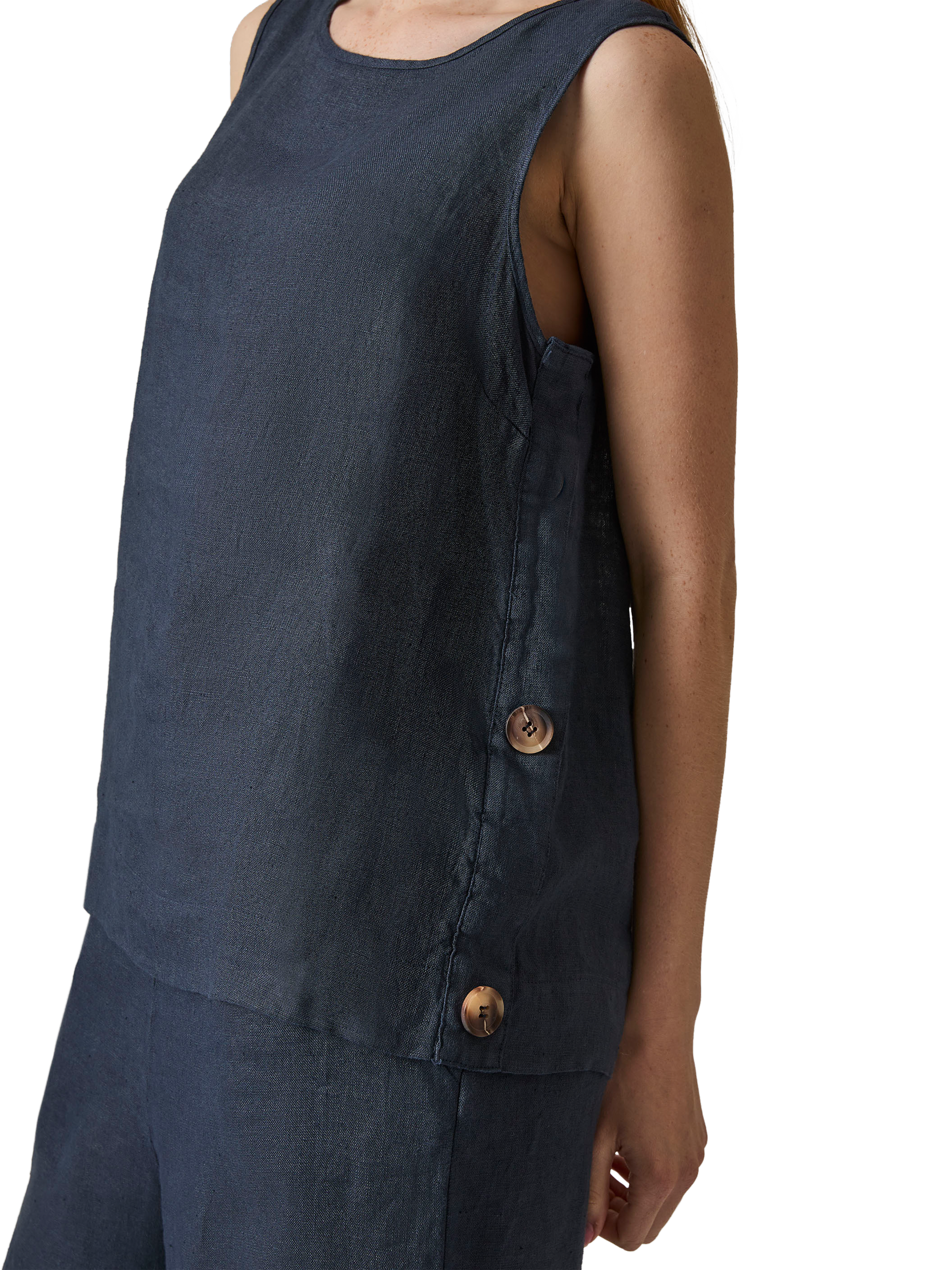 Product image 4 of 6, which shows James Lakeland Side Buttoned Sleeveless Linen Top, Navy, 8