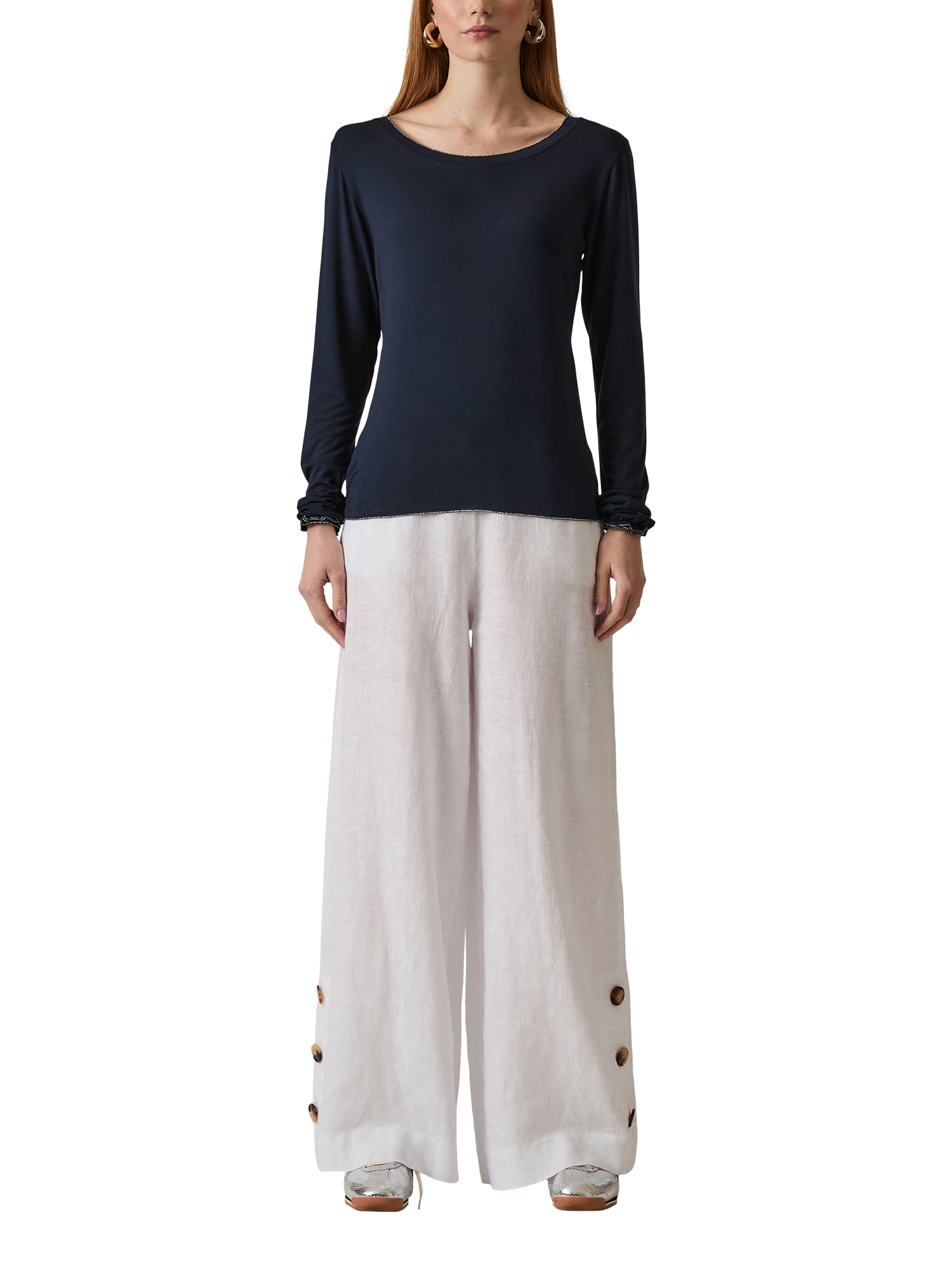 Product image 1 of 6, which shows James Lakeland Shimmer Trim Long Sleeve Top, Navy, 8