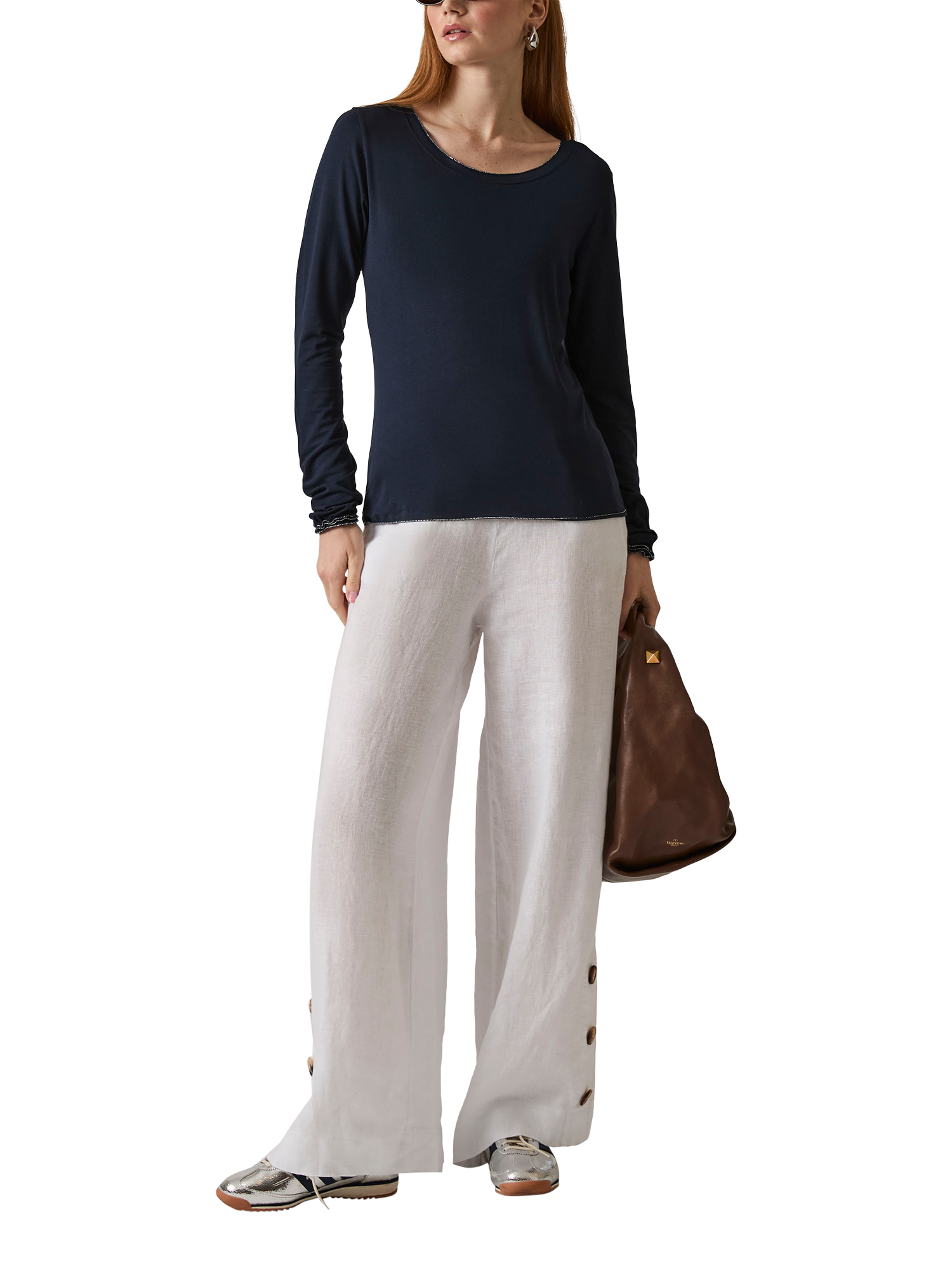 Product image 5 of 6, which shows James Lakeland Shimmer Trim Long Sleeve Top, Navy, 8