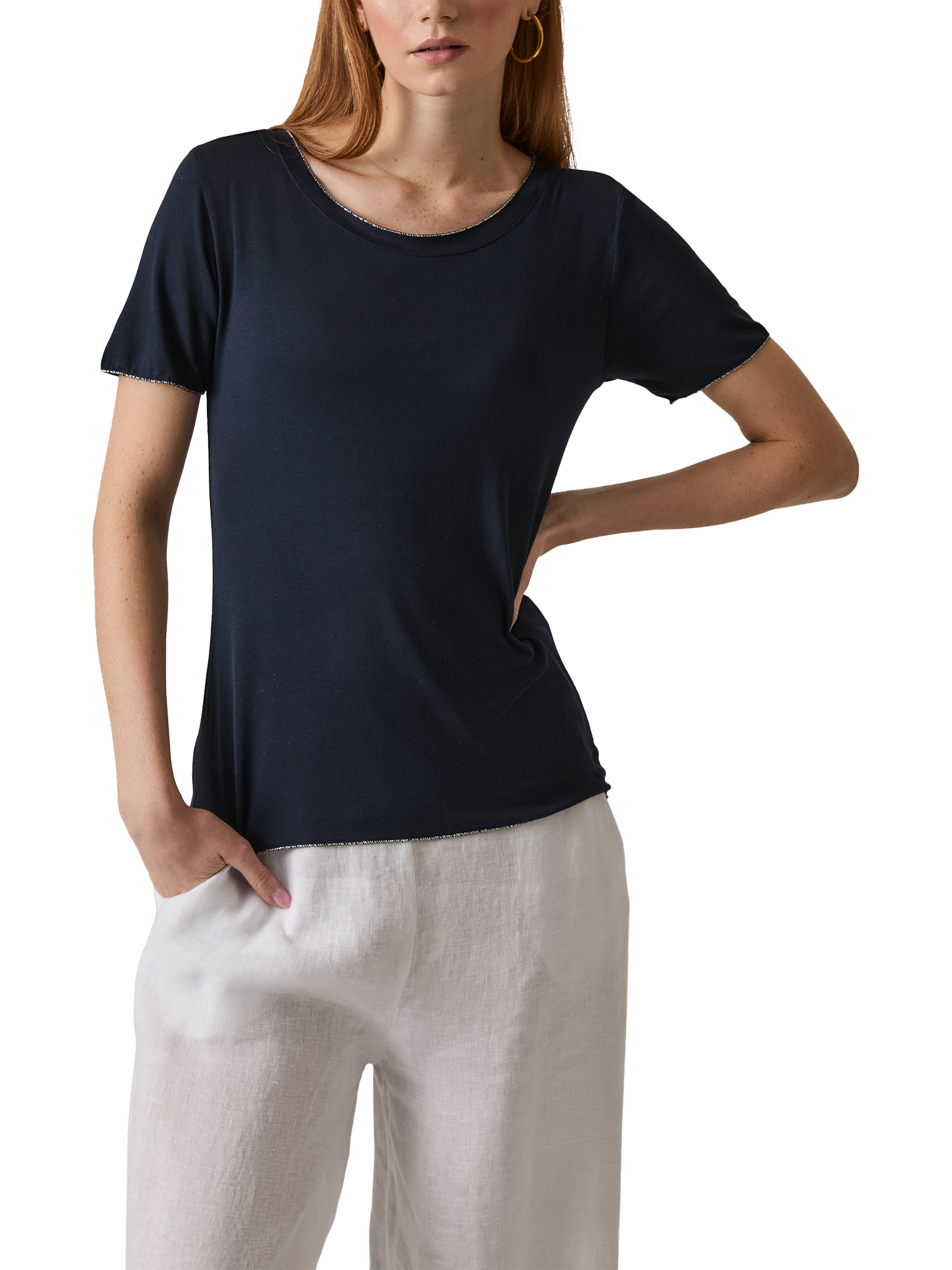 Product image 3 of 7, which shows James Lakeland Shimmer Trim T-Shirt, Navy, 8