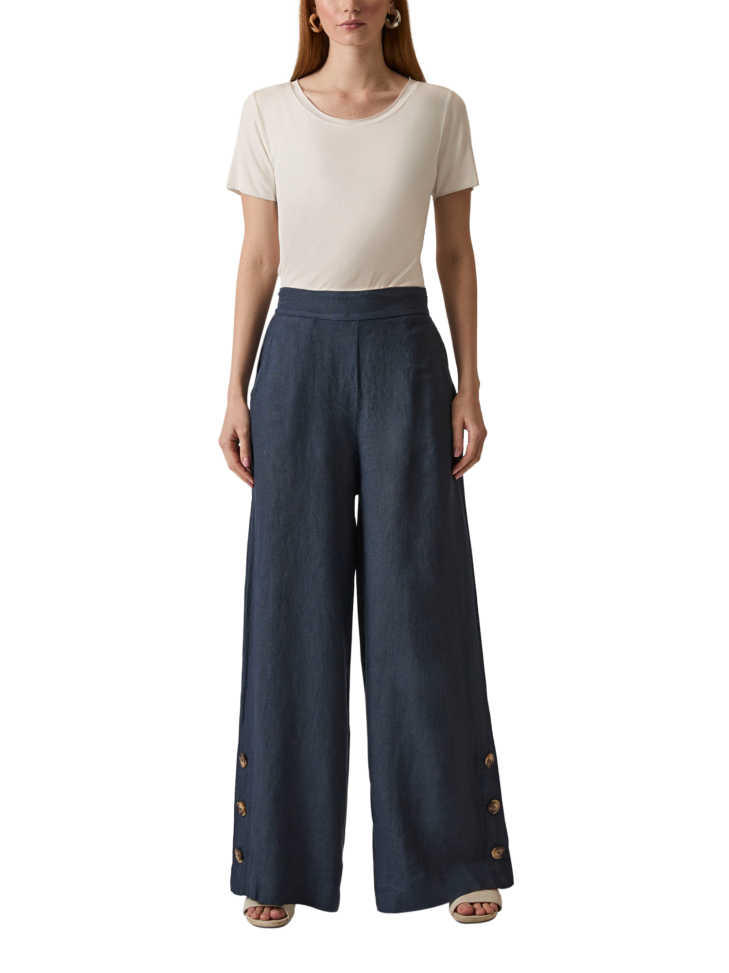 Product image 1 of 6, which shows James Lakeland Linen Button Detail Trousers, Navy, 8