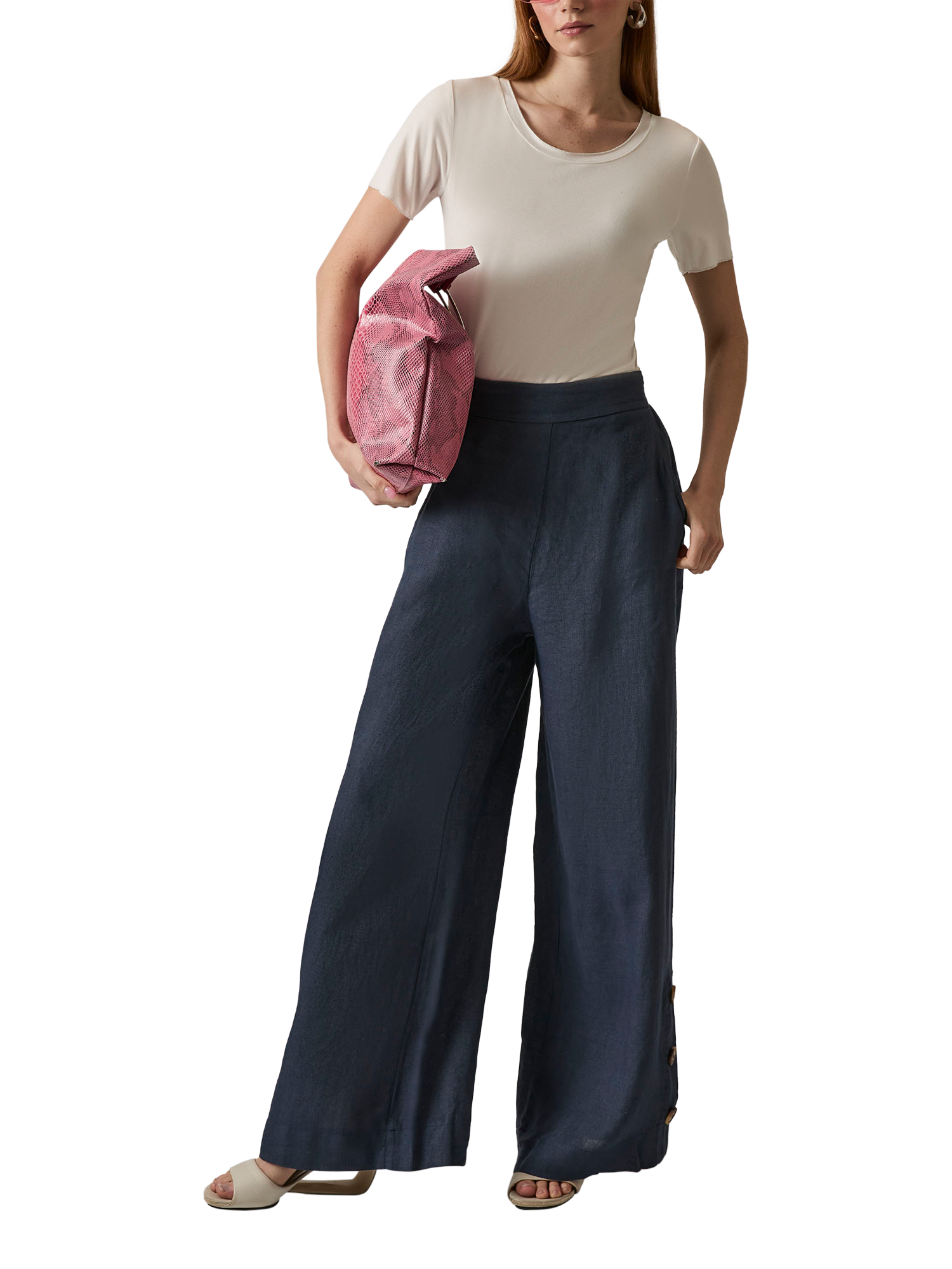 Product image 5 of 6, which shows James Lakeland Linen Button Detail Trousers, Navy, 8