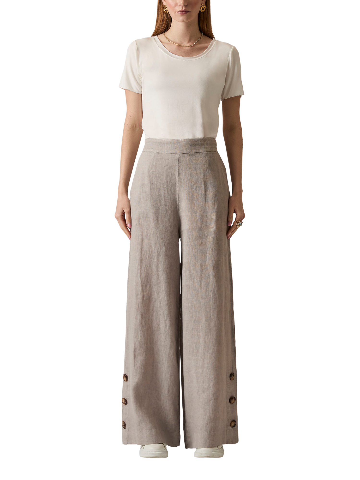 Product image 1 of 6, which shows James Lakeland Linen Button Detail Trousers, Taupe, 8