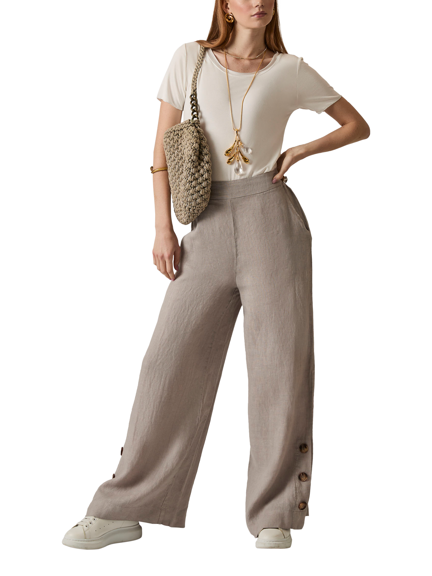 Product image 5 of 6, which shows James Lakeland Linen Button Detail Trousers, Taupe, 8