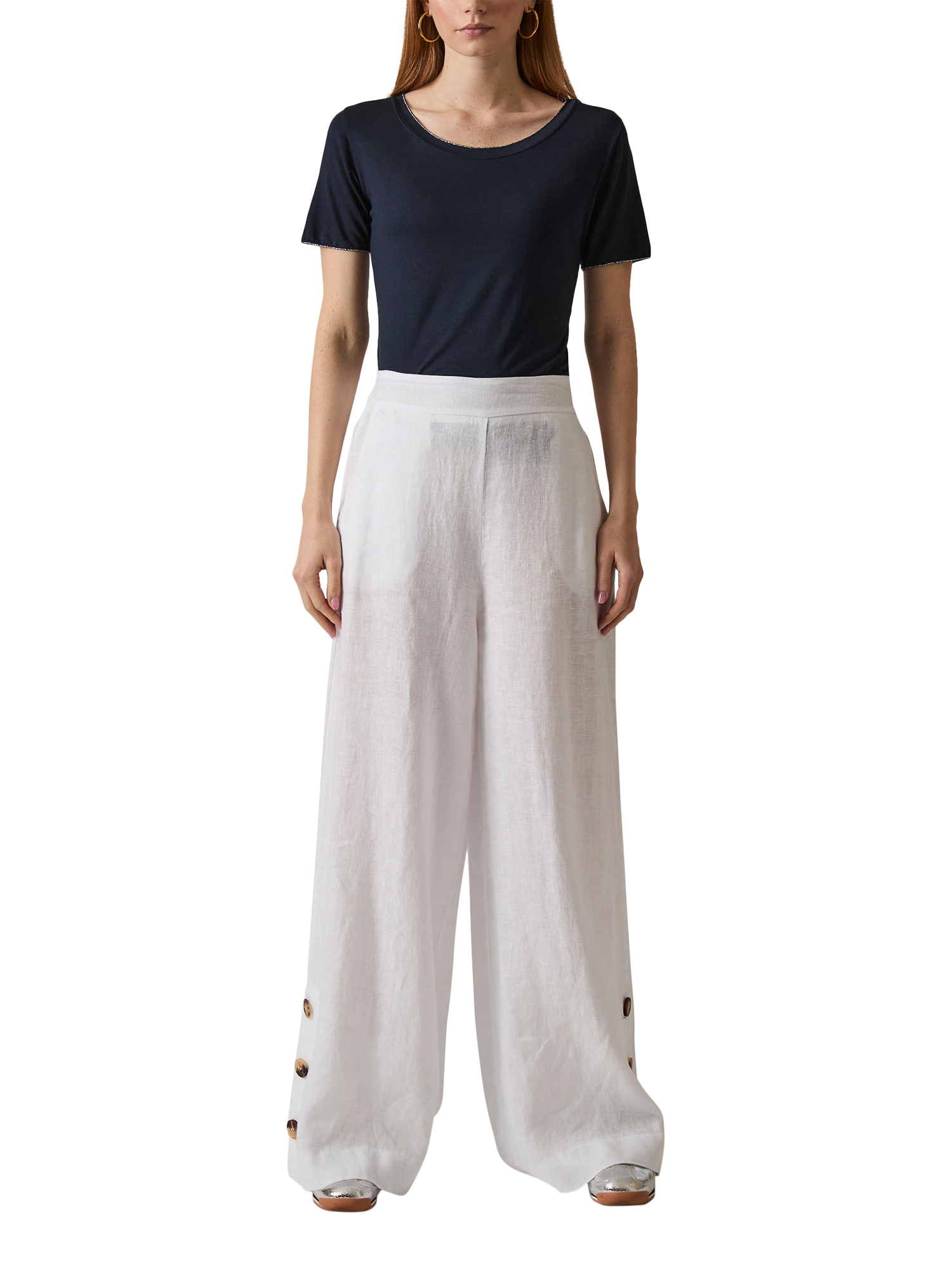 Product image 1 of 6, which shows James Lakeland Button Detail Pure Linen Trousers, White, 8