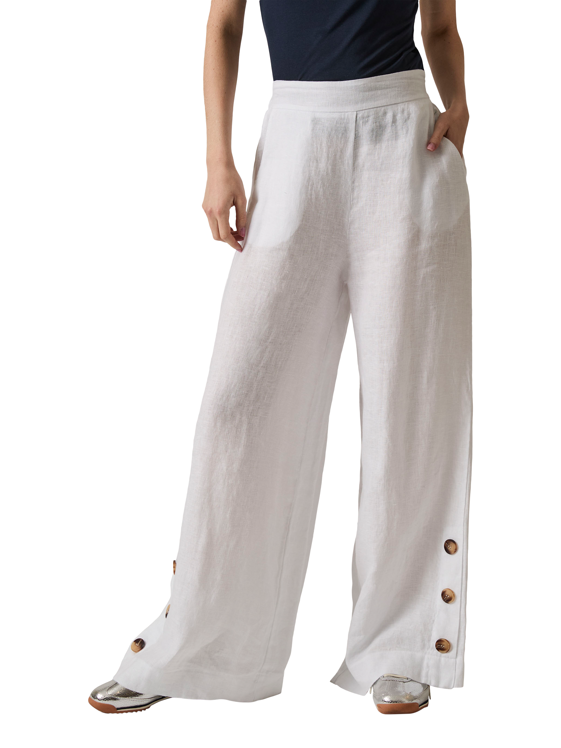 Product image 3 of 6, which shows James Lakeland Button Detail Pure Linen Trousers, White, 8