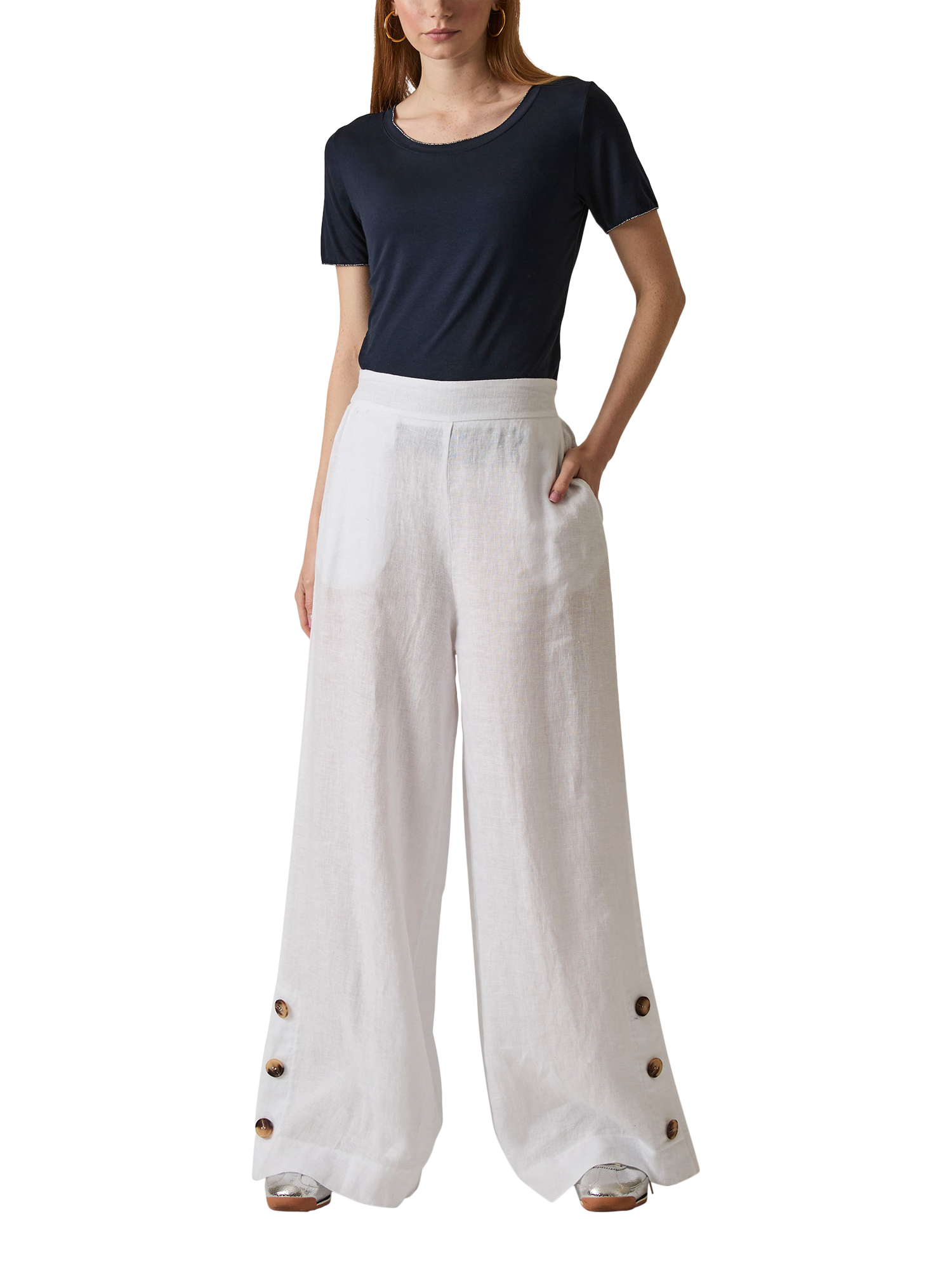 Product image 5 of 6, which shows James Lakeland Button Detail Pure Linen Trousers, White, 8