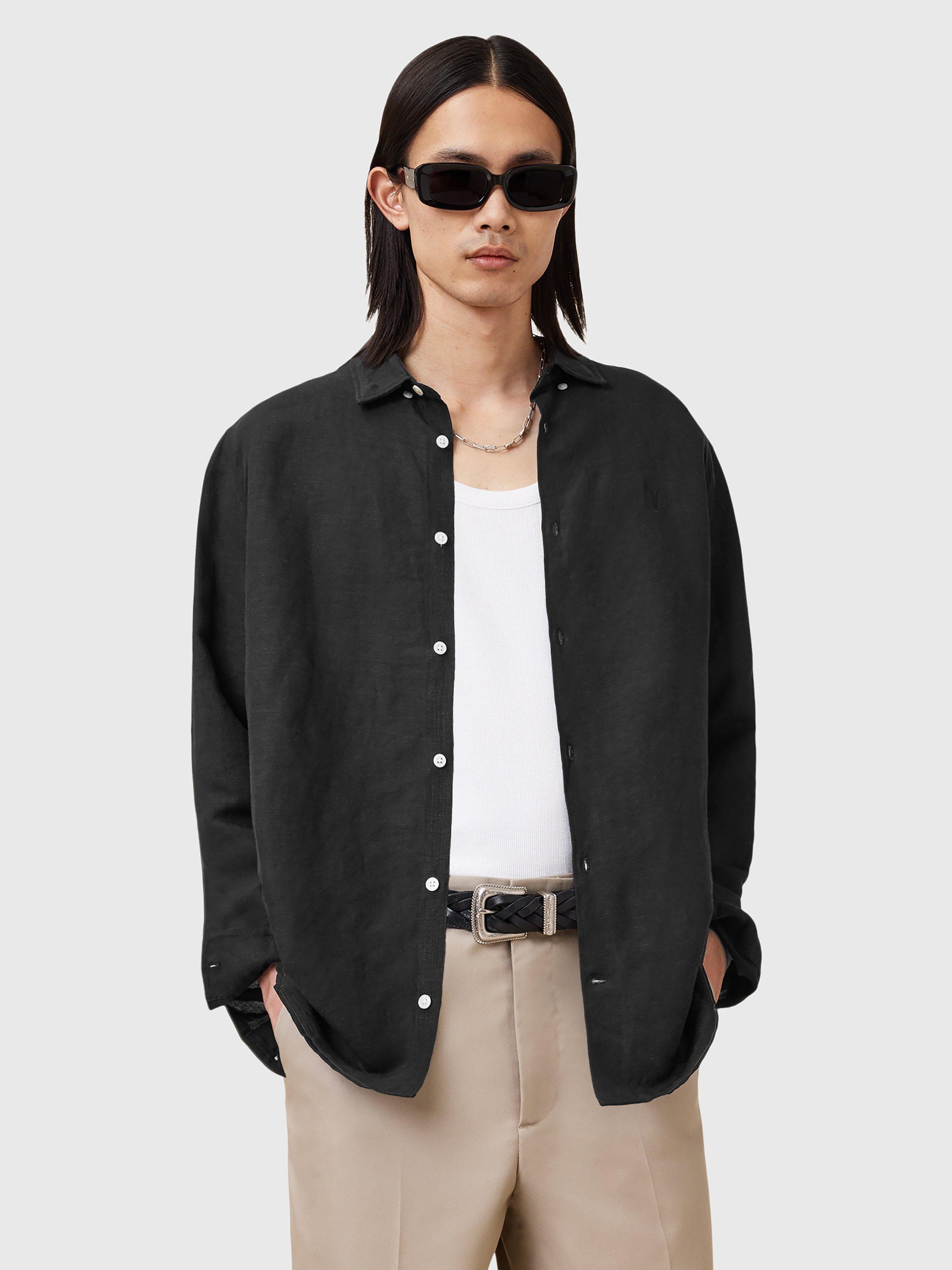 Product image 5 of 6, which shows AllSaints Bandol Regular Fit Linen Blend Shirt, Black, L