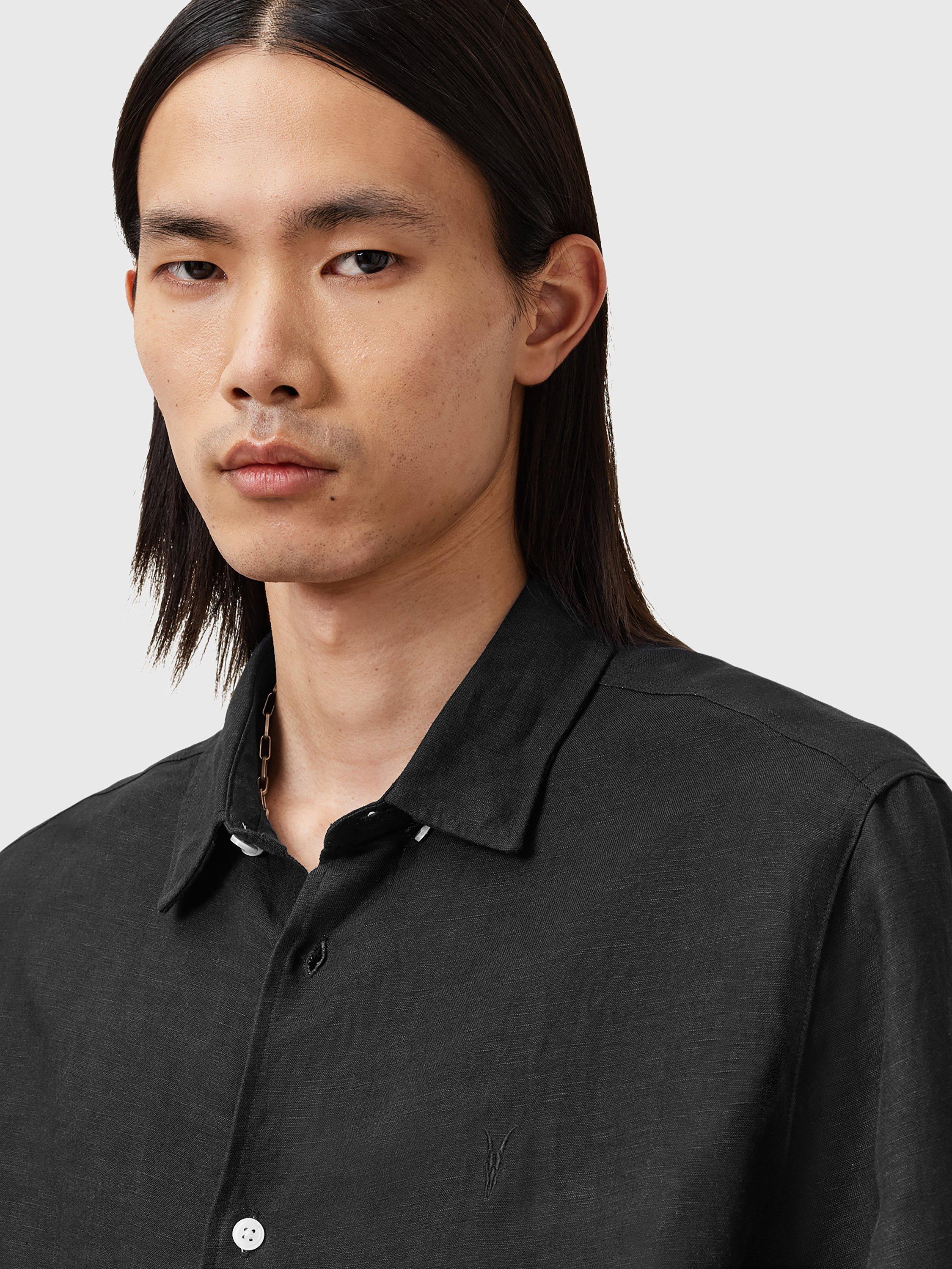 Product image 6 of 6, which shows AllSaints Bandol Regular Fit Linen Blend Shirt, Black, L